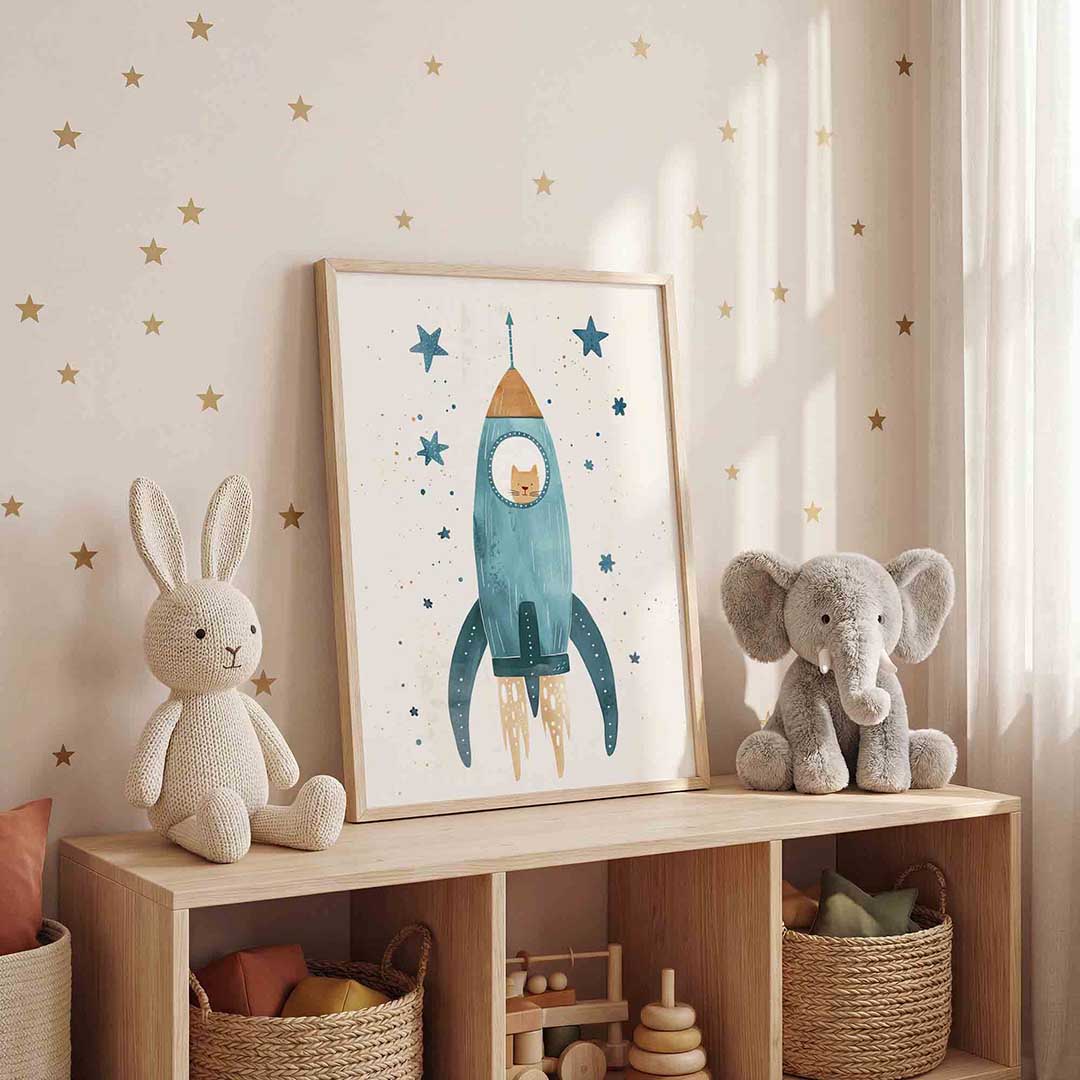 Kat in raket – staande kinderkamer wanddecoratie van WallArtistic
