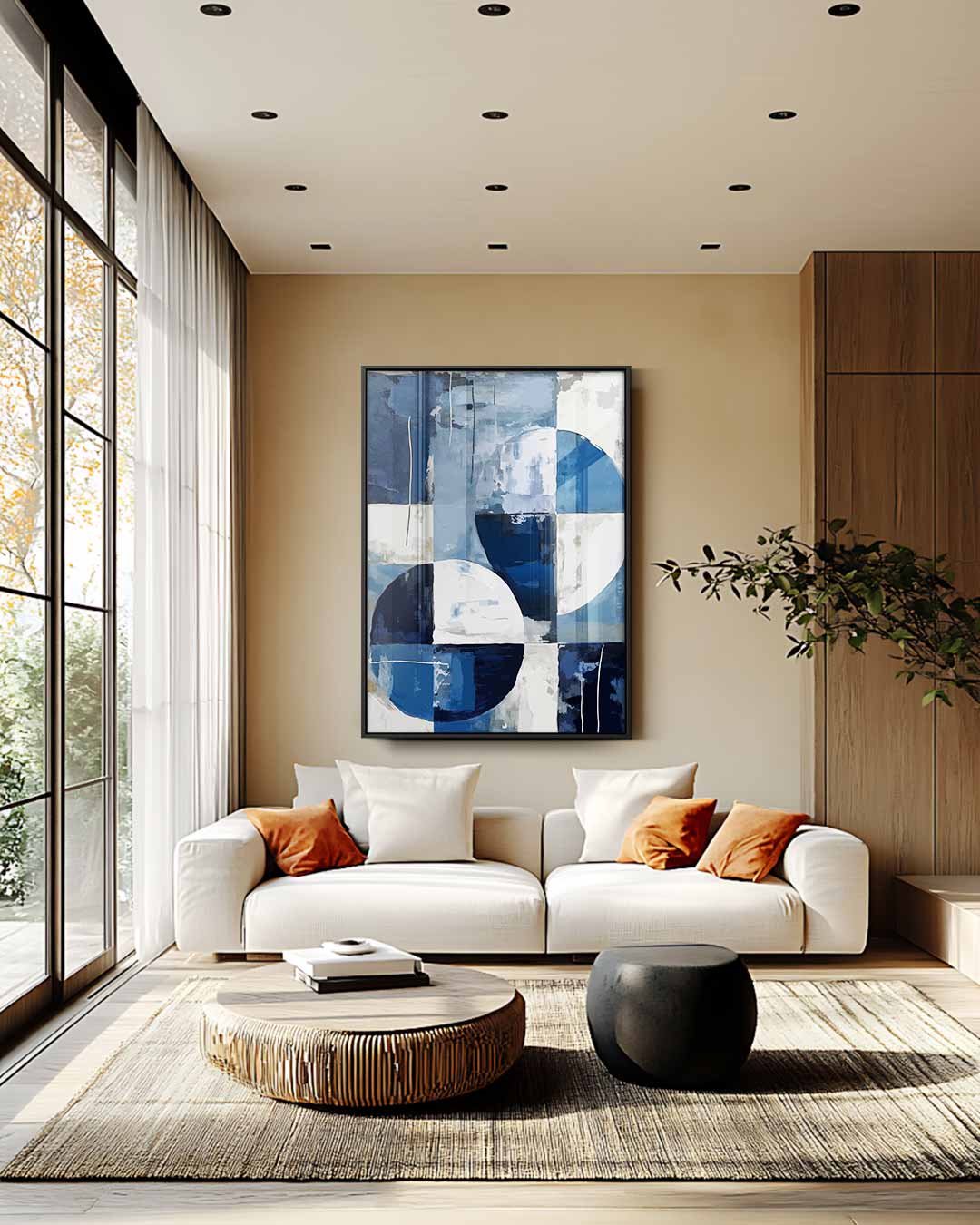 Abstract Geometrisch Blauw – staande wandkunst voor woonkamer of interieur
