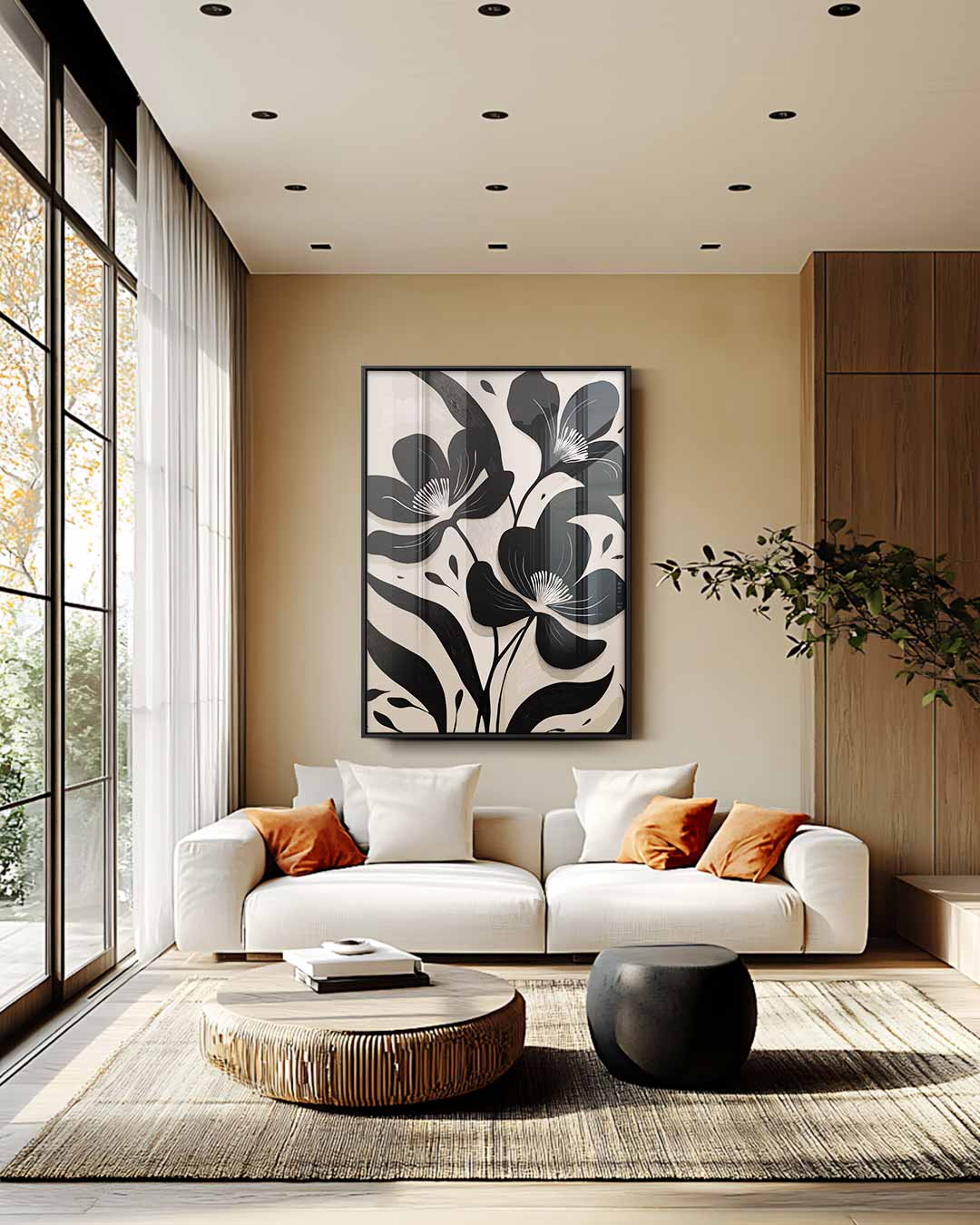 Zwart-Witte Bloemenpracht – staande wandkunst voor woonkamer of interieur