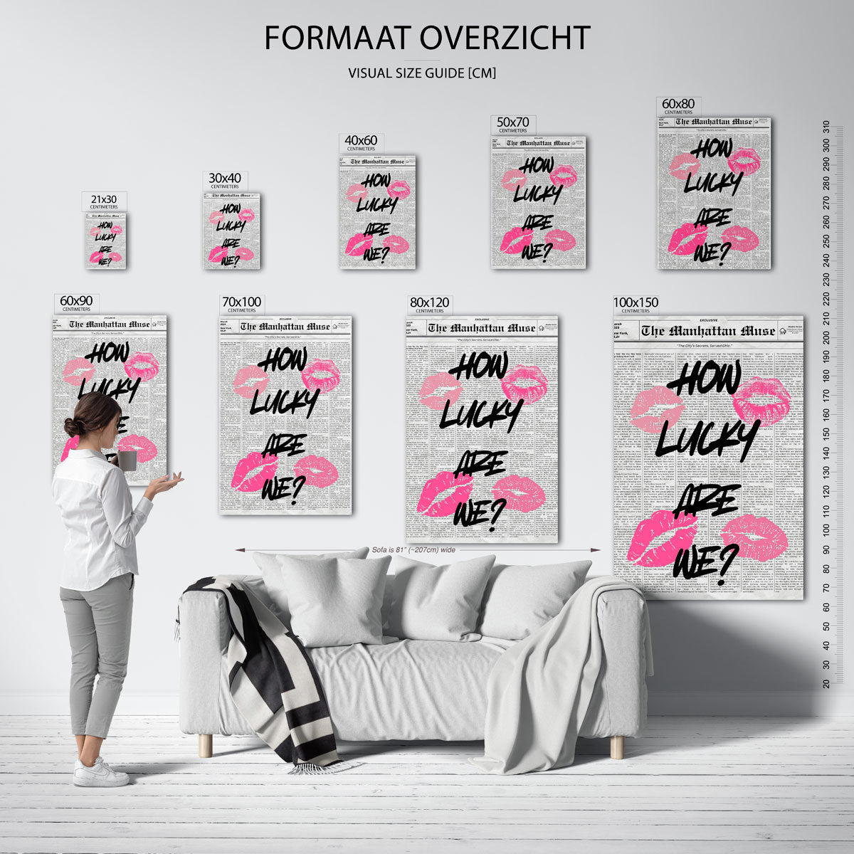 Krantenpagina met tekst en lipafdrukken – staande muurposter in Pop Art stijl