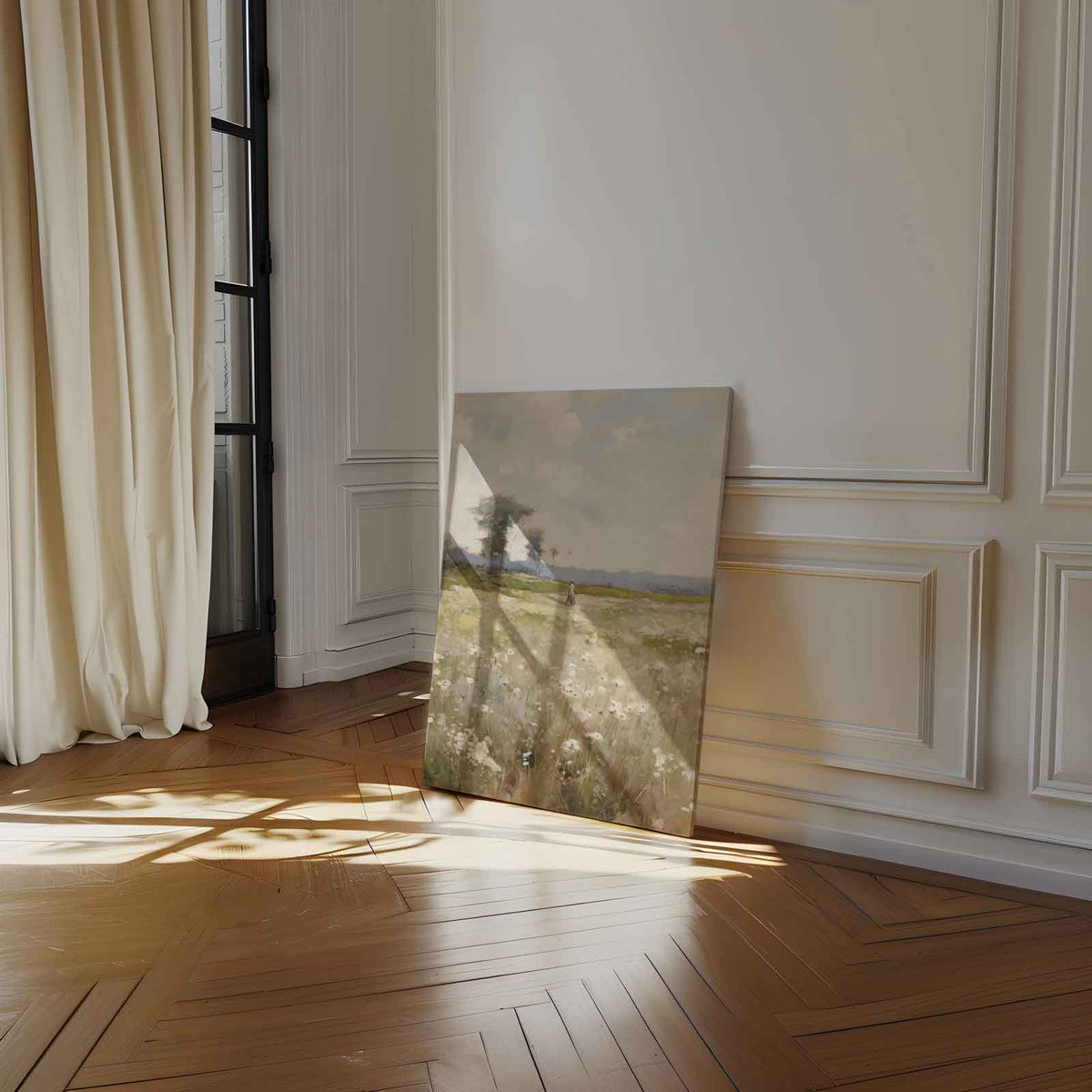 Lenteveld onder een Lucht van Wolken – staand kunstwerk voor modern interieur