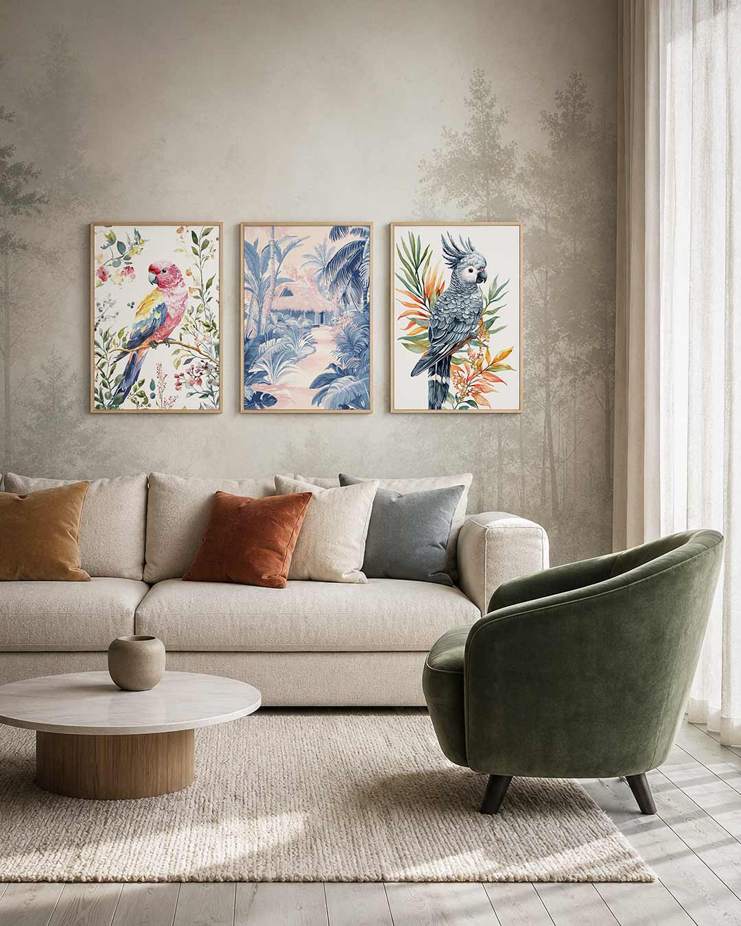 Vogel en bloemen driedelige posterset – een kleurrijke vogel zit op een tak, omringd door delicate