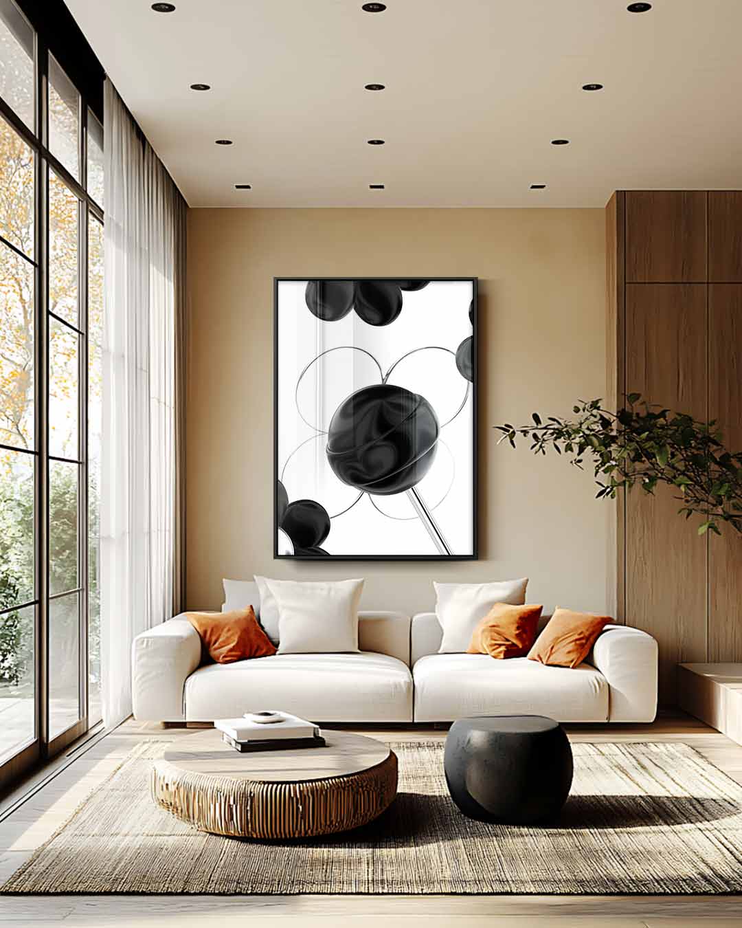 Zwarte Bloemsymfonie – staande wandkunst voor woonkamer of interieur