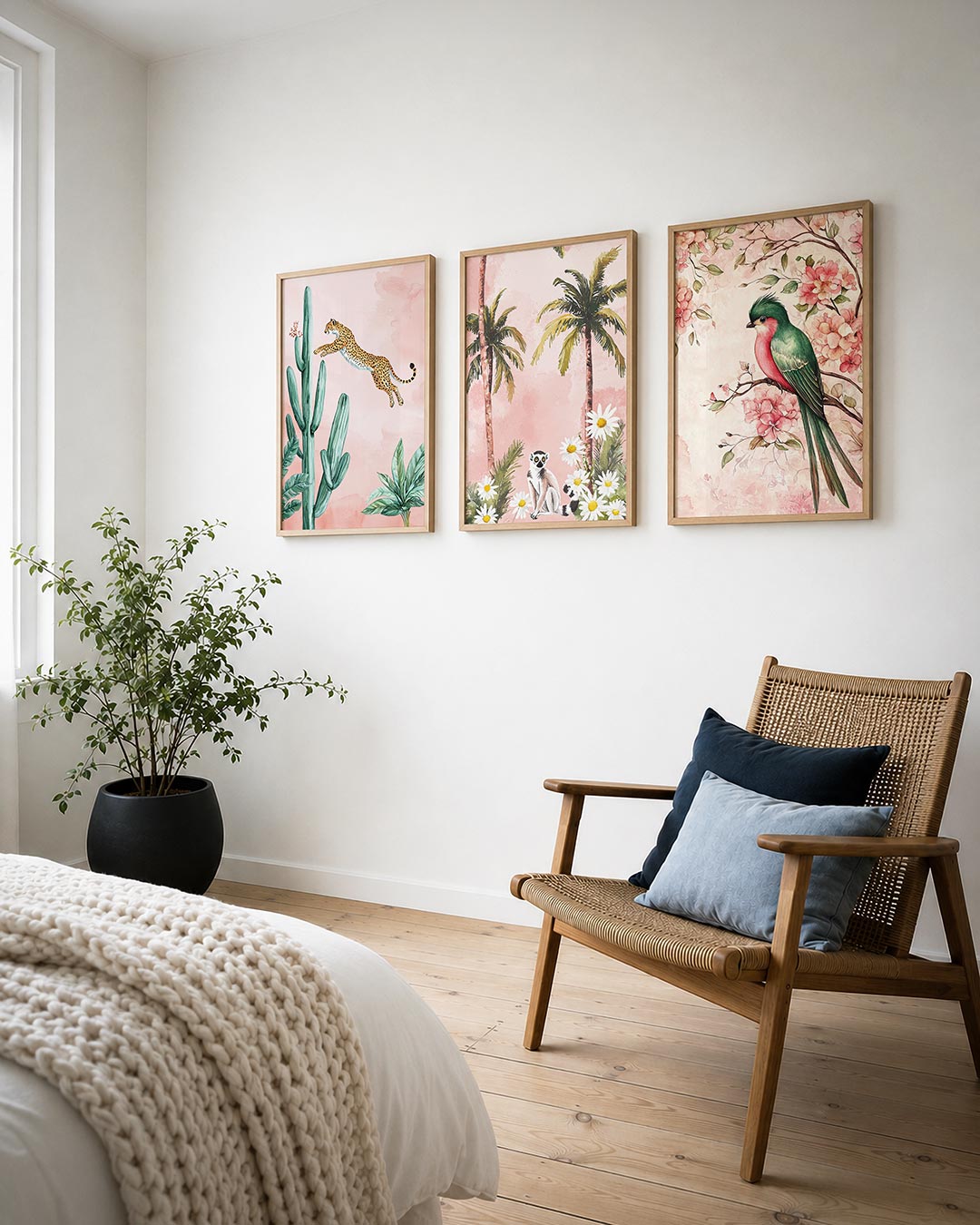 Sprong en cactus posterset – derde productweergave – een luipaard springt sierlijk over groene cactussen tegen