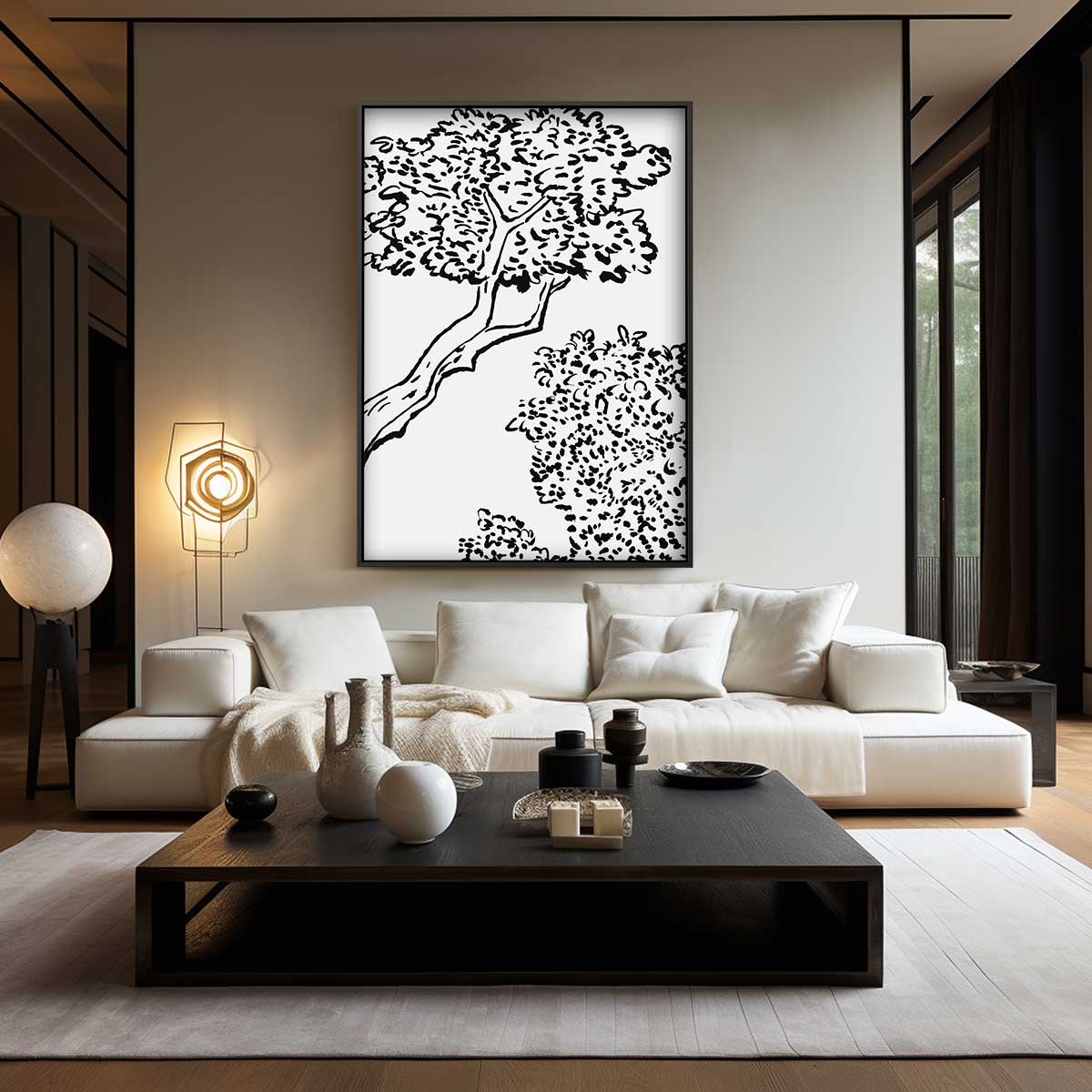 Sierlijk Boomlandschap in Lijnkunst – kunstwerk met zwarte baklijst