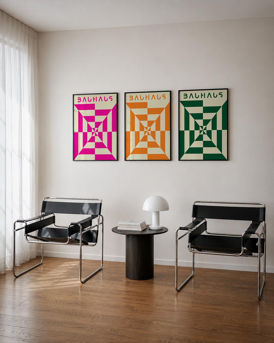 Vorm en kleur posterset – derde productweergave – deze posterset in drie delen toont een dynamisch lijnenspel van roze en