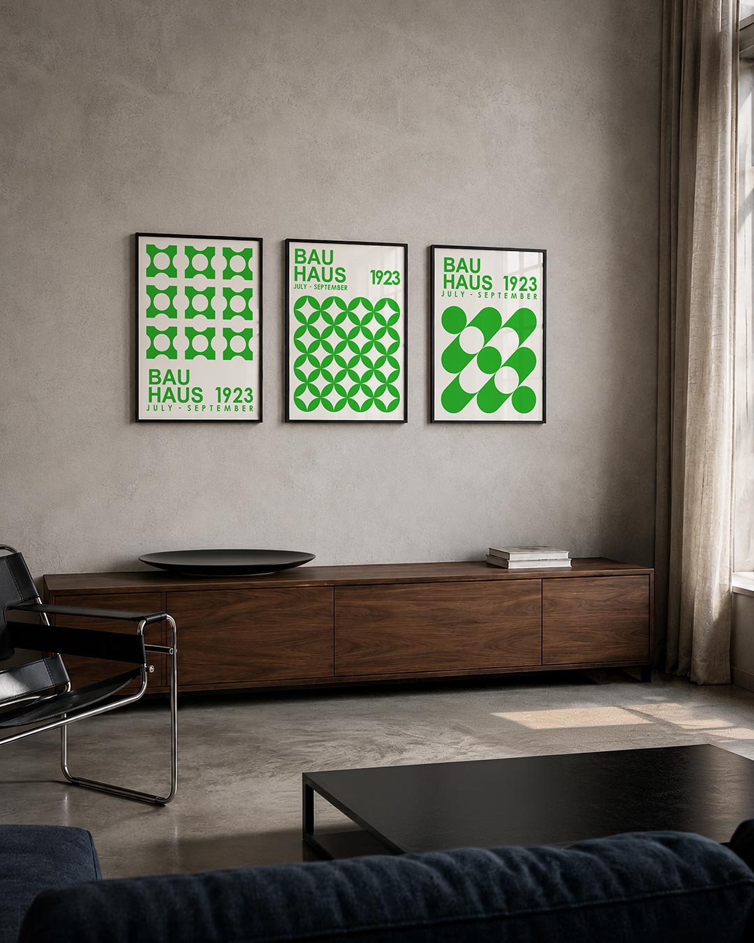 Groene cirkelpatronen driedelige posterset – deze posterset toont een ritmisch patroon van groene vormen met cirkels, strak