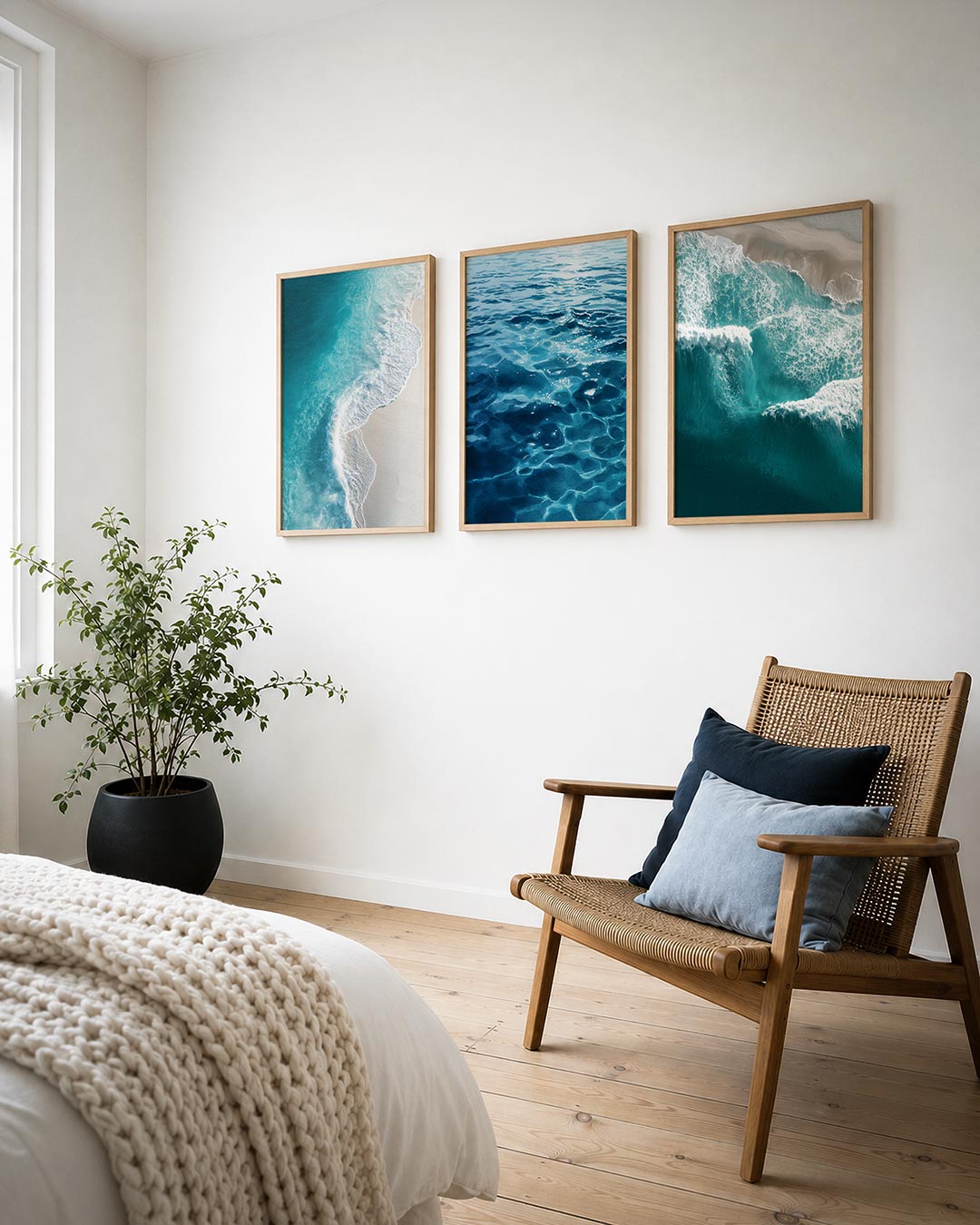 Zee en strand posterset – detailweergave – een vloeiende overgang van diepblauw naar helder wit, met