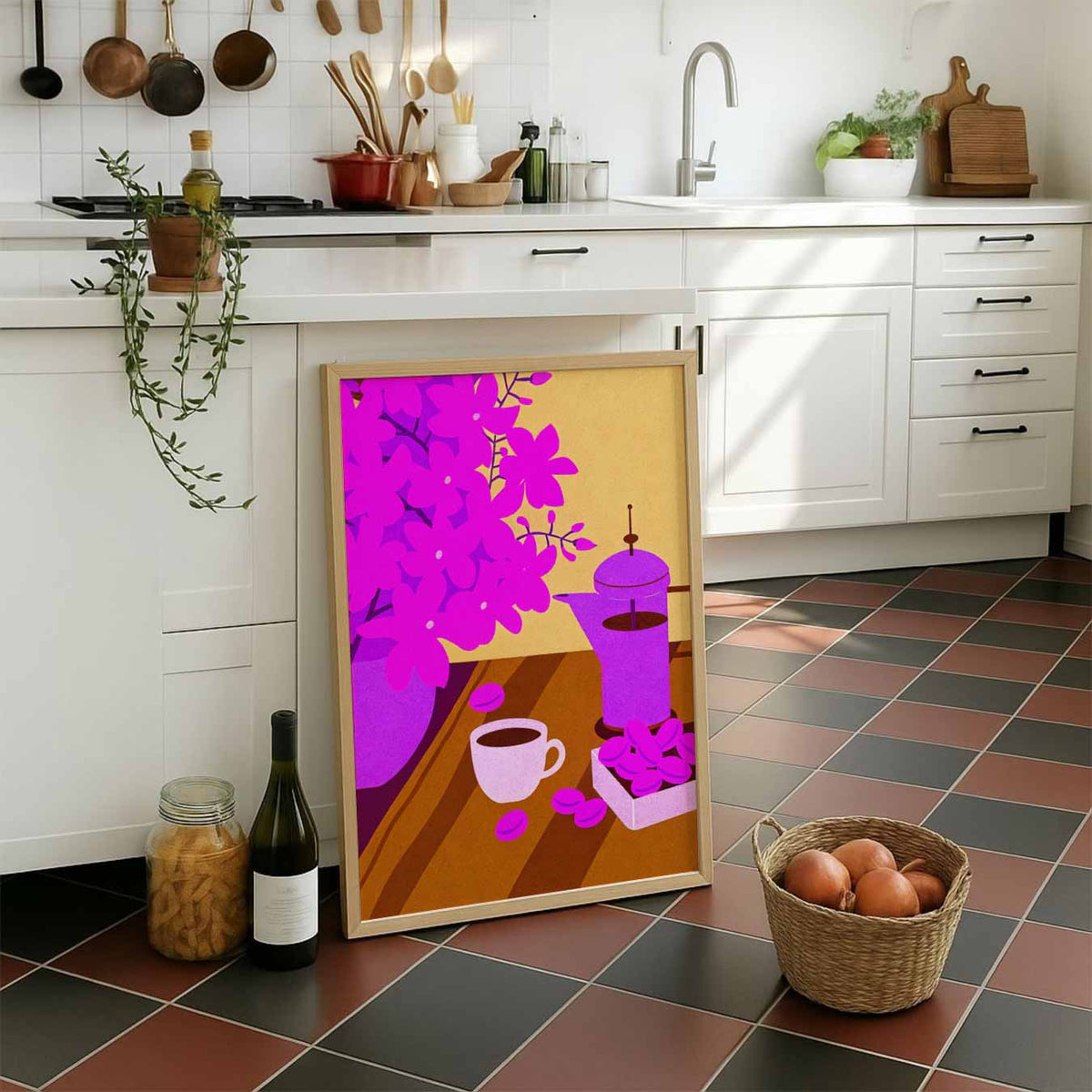 Kleurrijke Koffie Verrukking – staande muurposter voor keuken of eethoek