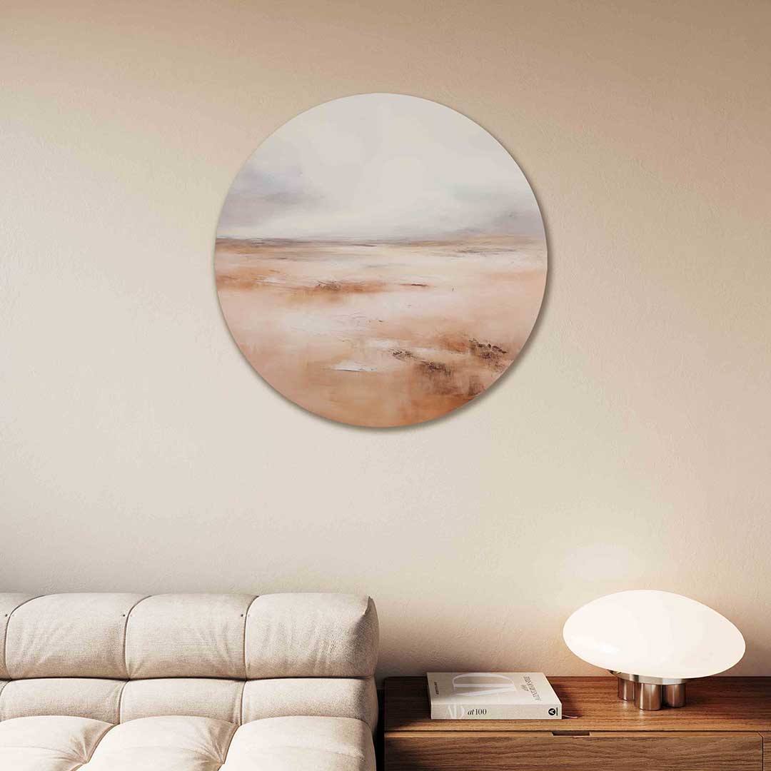 Landschap in beige – kleurrijke Pop Art muurcirkel voor aan de muur