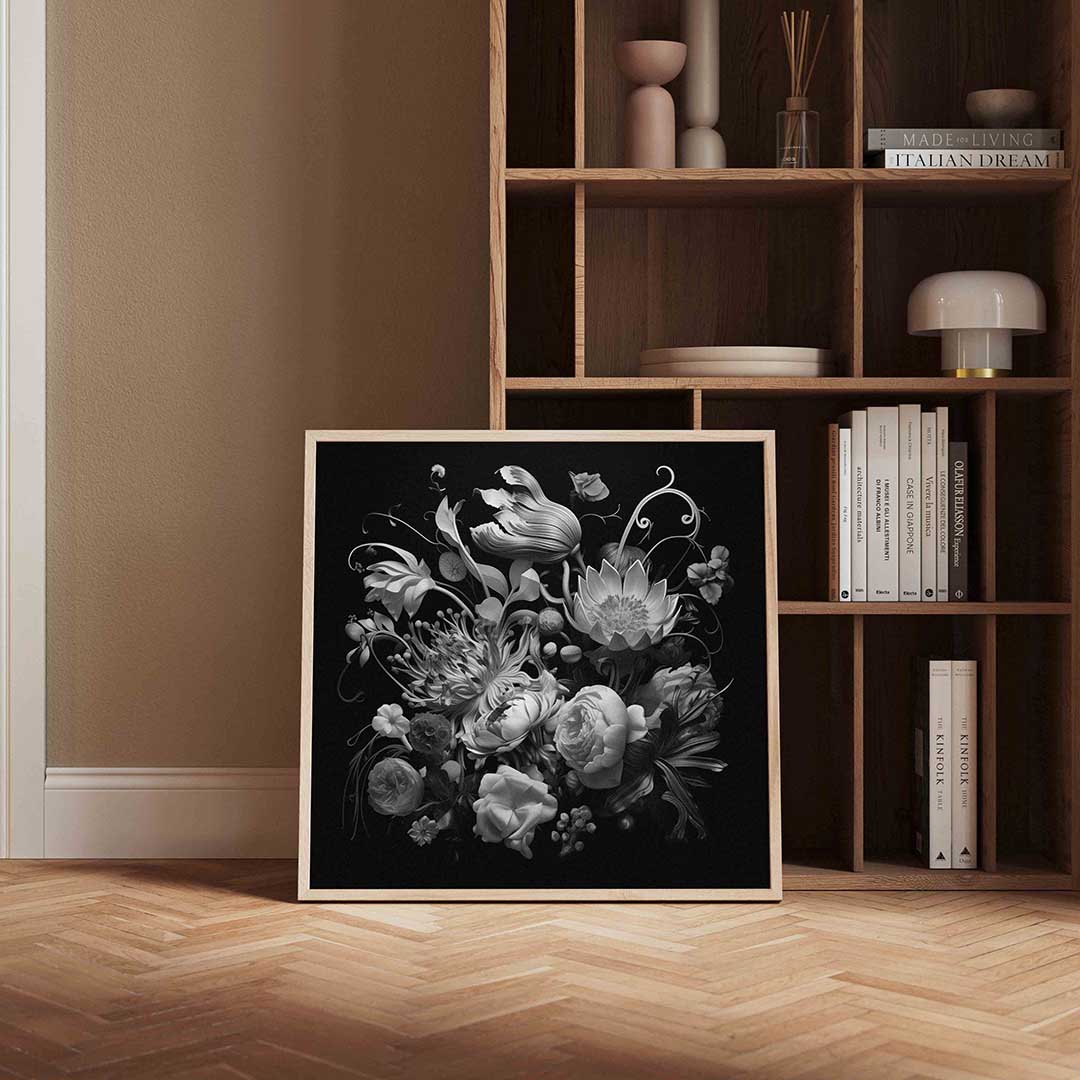 Bloemen in zwart wit – vierkante wanddecoratie met kleur en vorm van WallArtistic