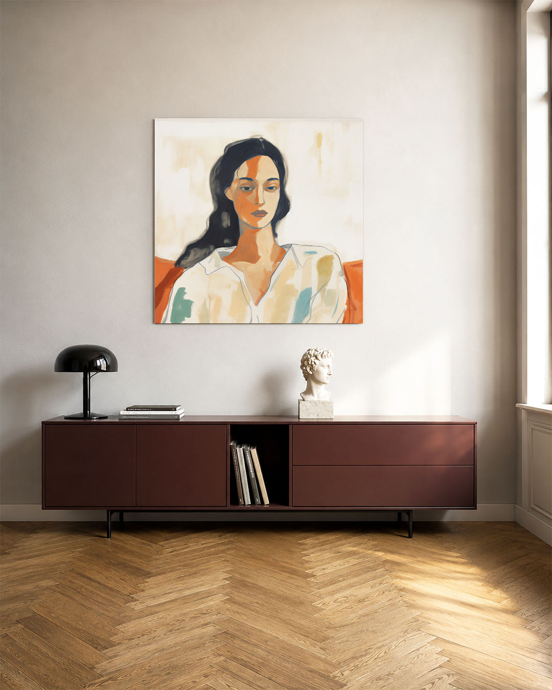 Vrouwelijk portret kunstwerk – tweede productweergave – dit werk toont een vrouwelijk portret met vloeiende lijnen en zachte