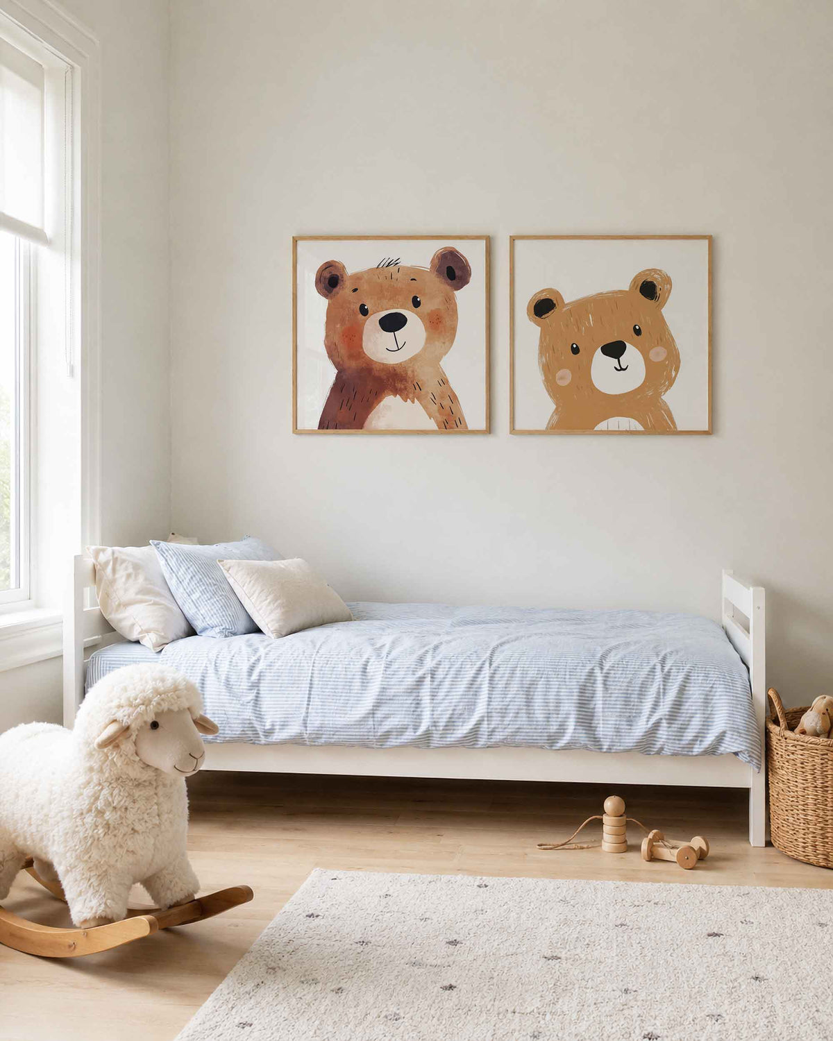 Interieurpresentatie van een tweedelige vierkante posterset met twee beren