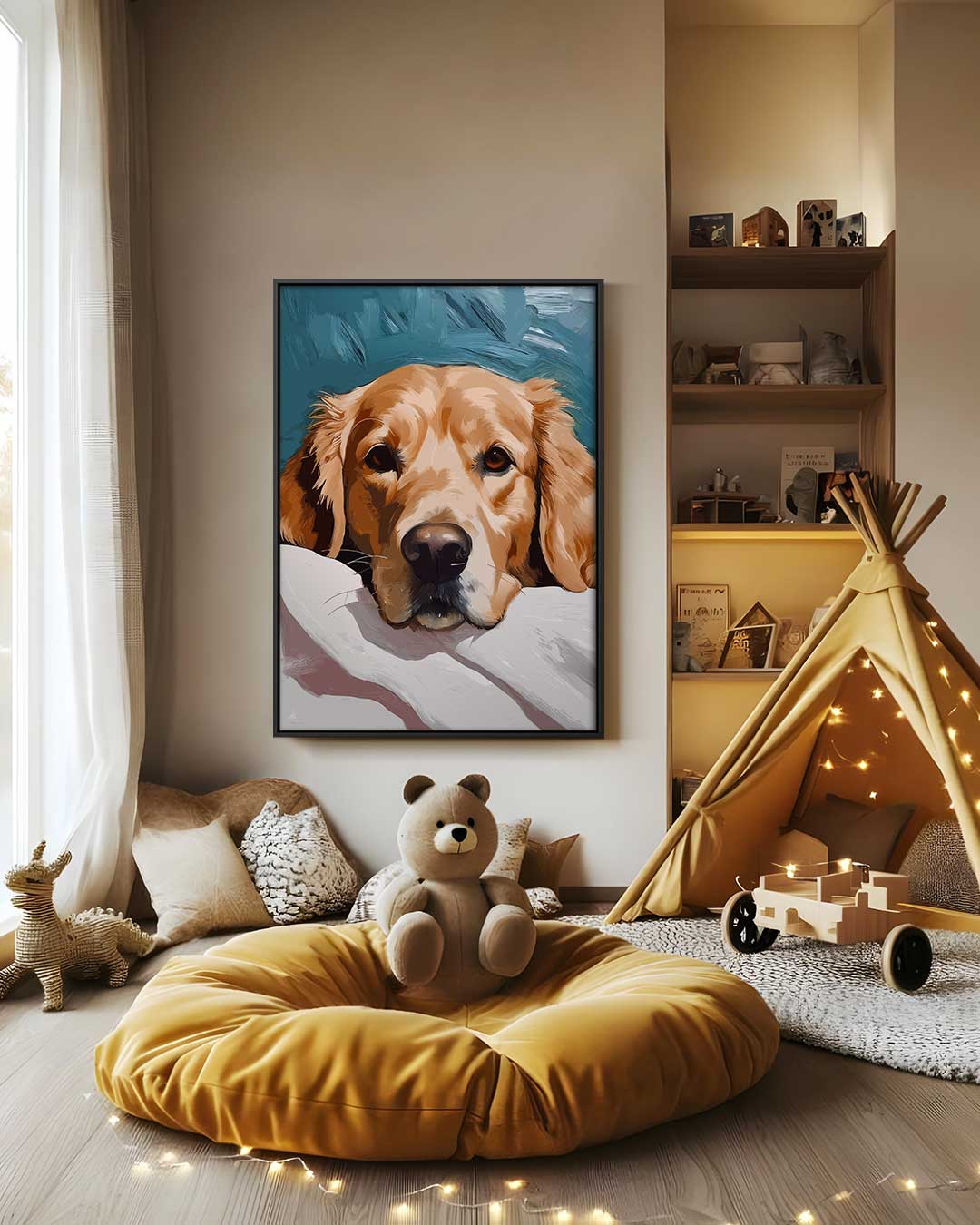 Schattige Hond aan het Chillen – canvas wanddecoratie in portret formaat