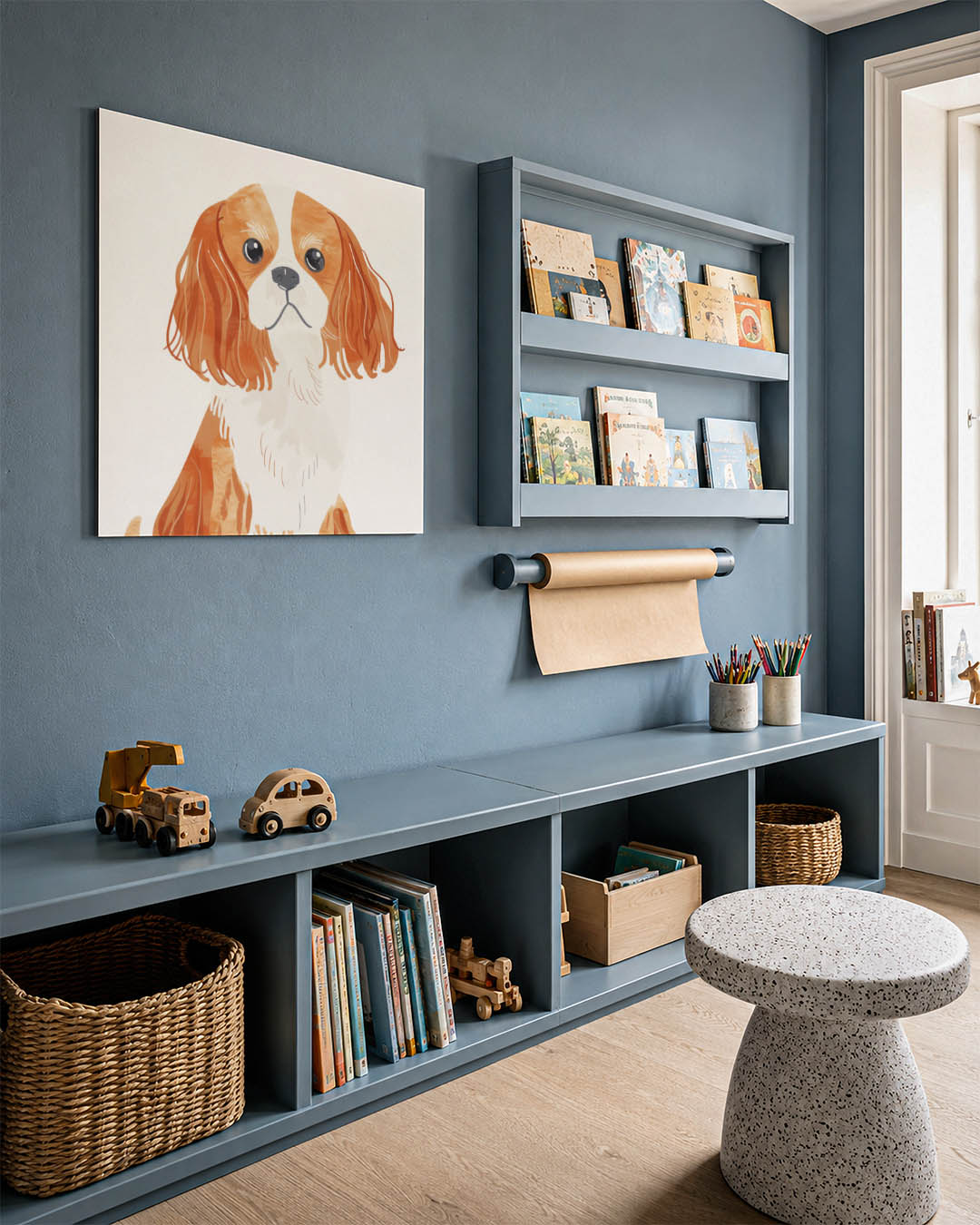 Hond illustratie kunstwerk – detailweergave – dit toont een hond met lange oren en een vriendelijke uitdrukking. De kleuren