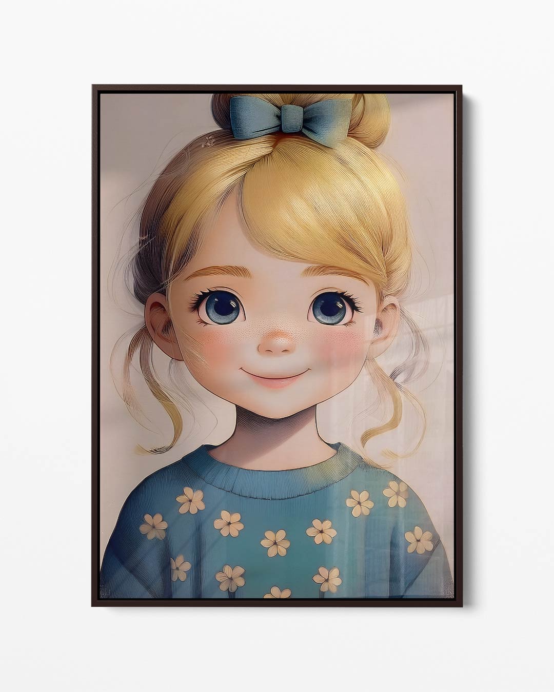 Blond meisje met bloementrui – portret kunstwerk als wanddecoratie