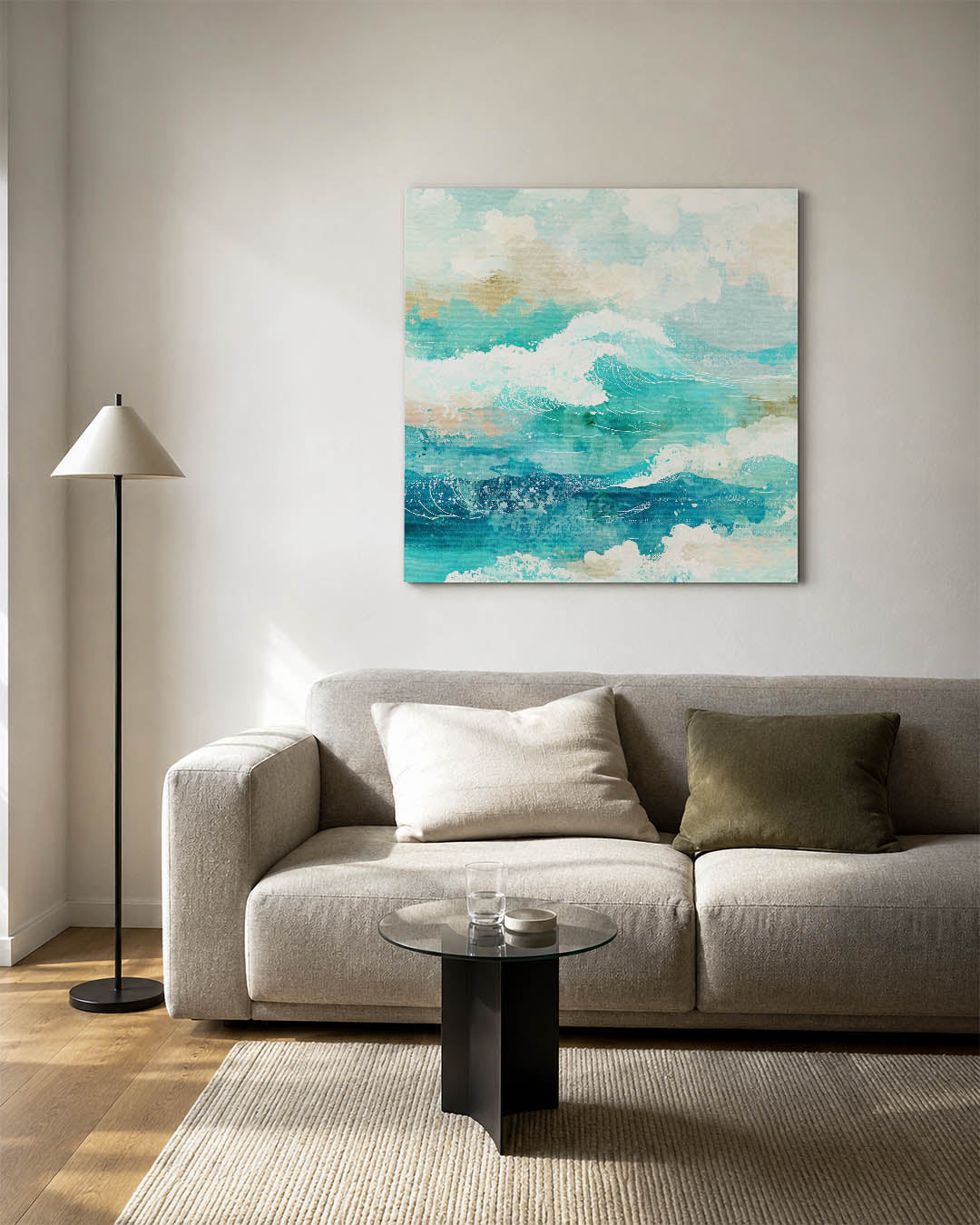 Dynamische zee kunstwerk – vierkante wanddecoratie – dit werk toont een levendige zee met golven in verschillende tinten