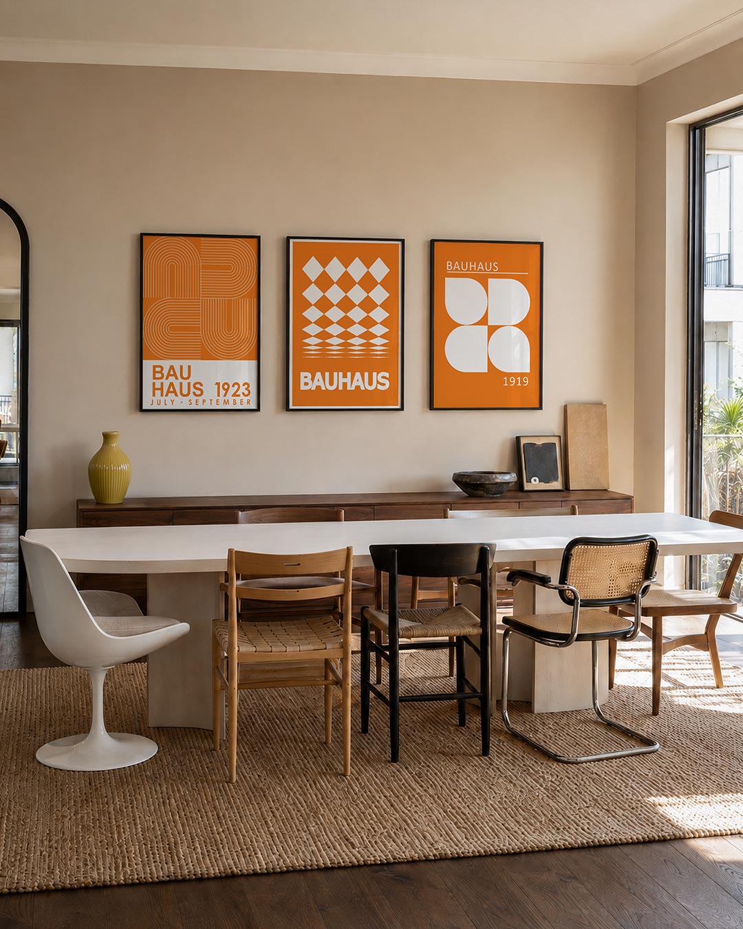 Lijnen en vormen posterset – tweede productweergave – deze posterset in drie delen toont een levendig spel van oranje en wit.