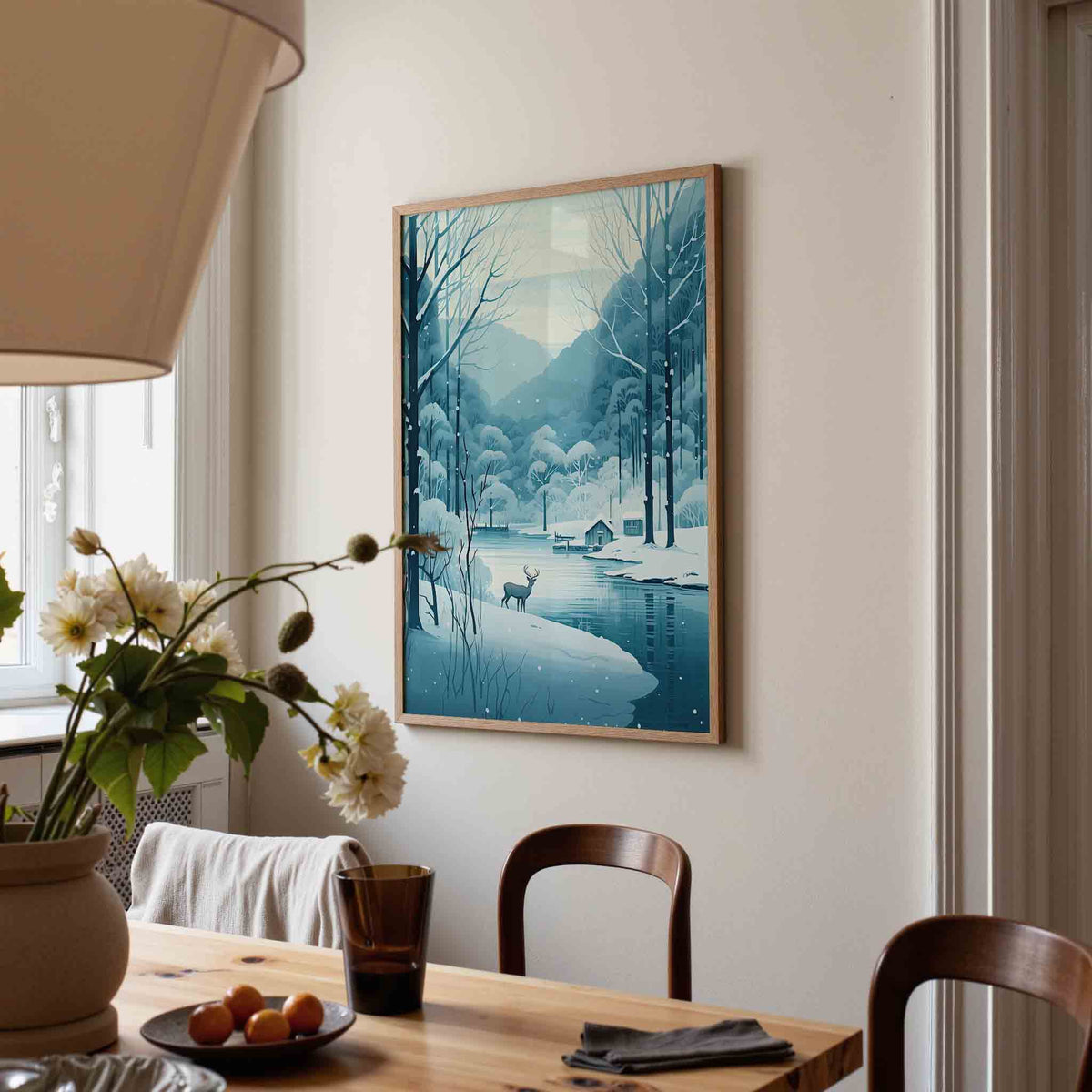 Winterlandschap met hert – kerstposter in staand formaat
