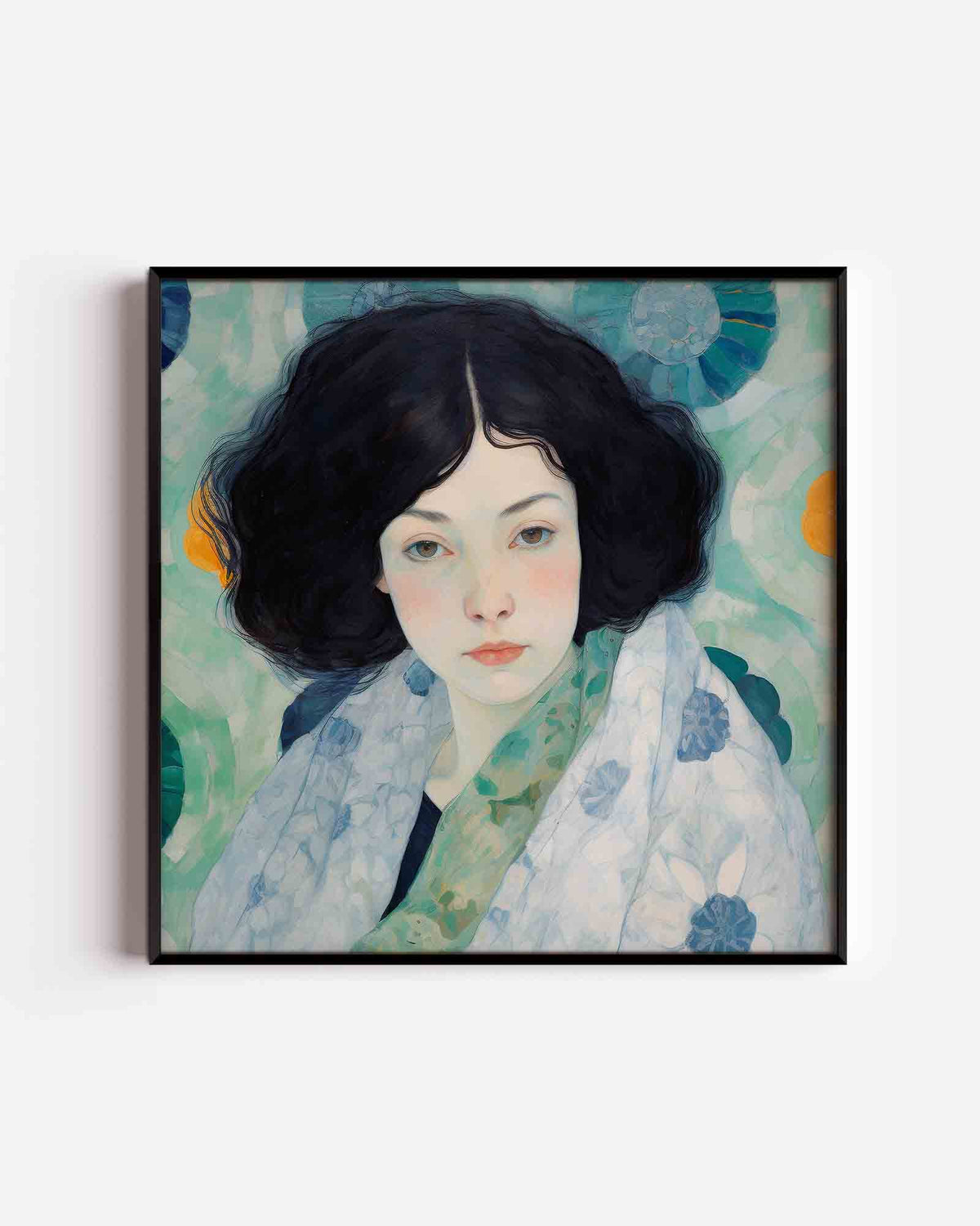 Vrouw met donkere haren – kleurrijke illustratie poster als wanddecoratie