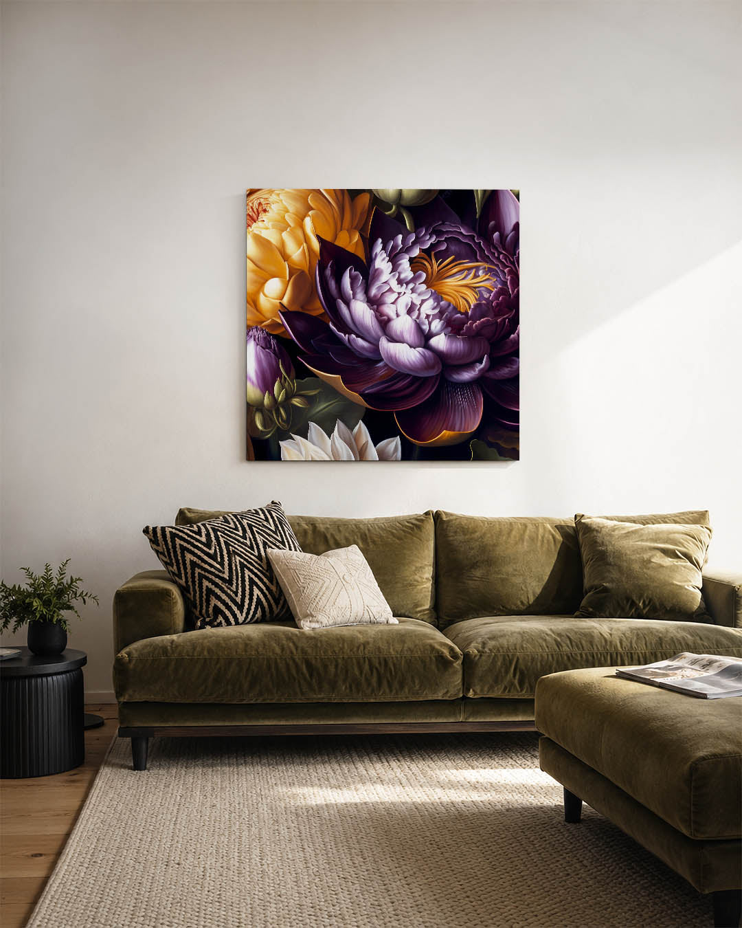 Bloemrijke harmonie kunstwerk – sfeerbeeld – dit kunstwerk toont een weelderige compositie van bloemen in rijke tinten. De