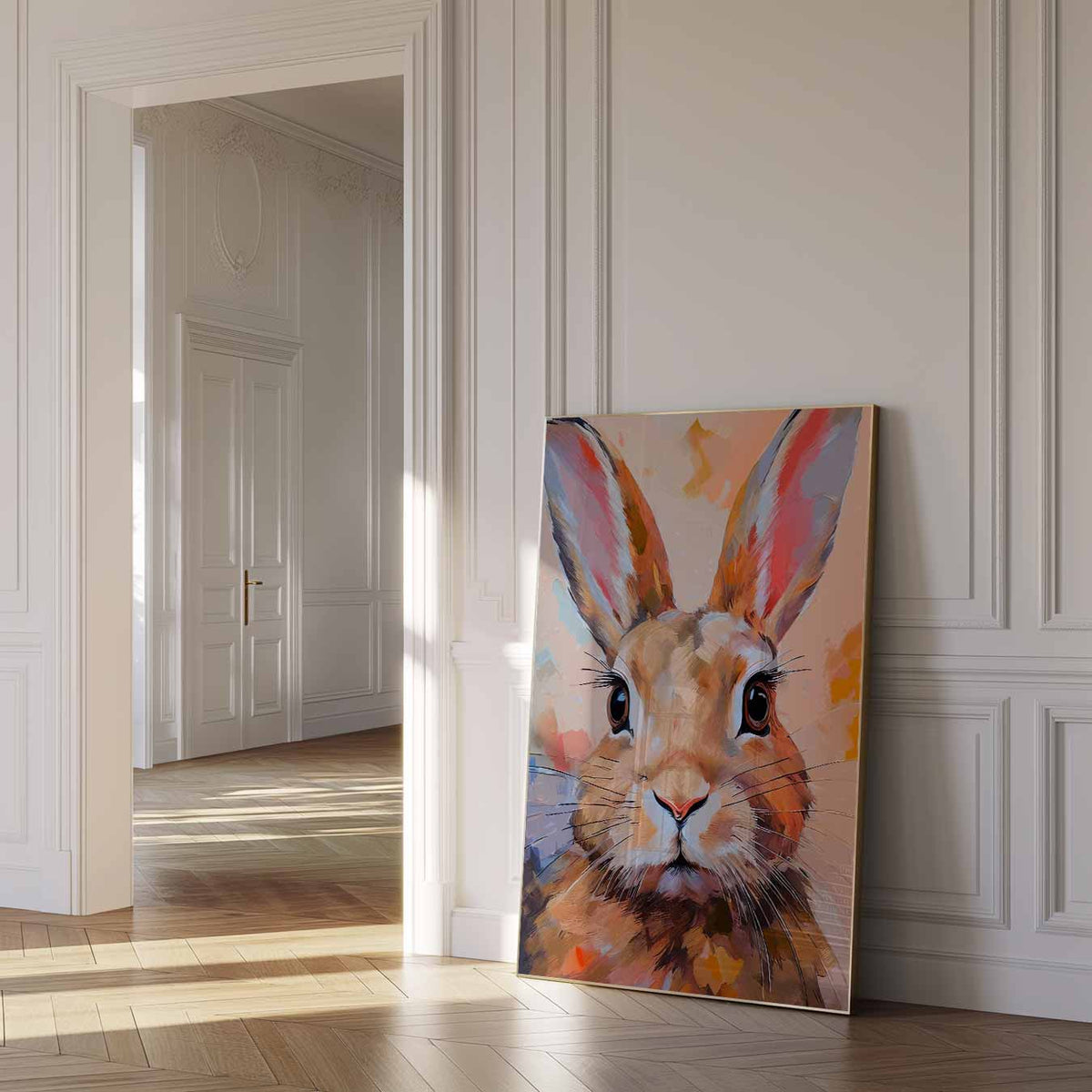 Vrolijke Konijn Portret – dierenposter als moderne staande wanddecoratie