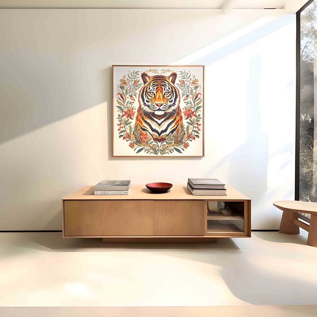 Tijger met bloemen – vierkante dieren wanddecoratie van WallArtistic