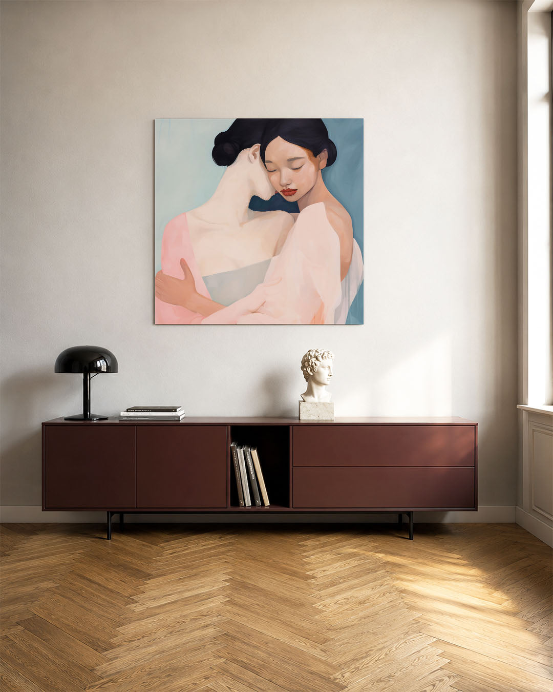 Intieme omhelzing kunstwerk – tweede productweergave – dit kunstwerk toont twee figuren in een zachte omhelzing. De vloeiende