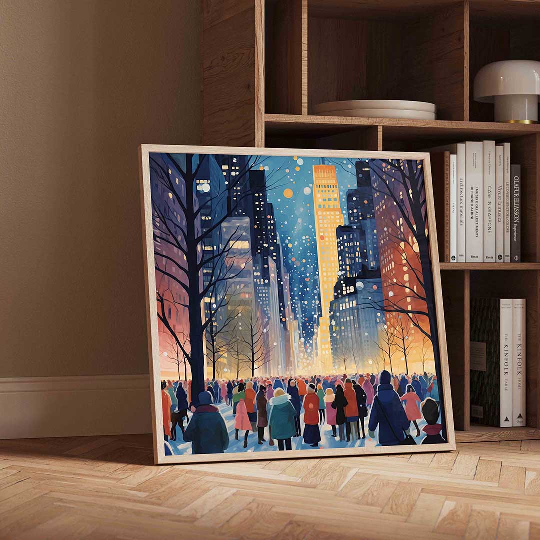 Winterse stadswandeling – vierkante kerst wanddecoratie van WallArtistic