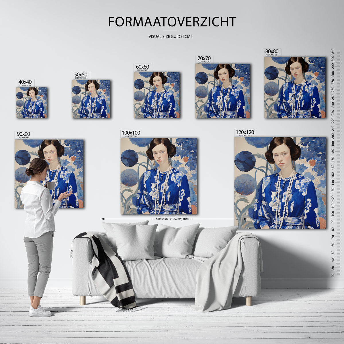 Vrouw in blauwe jurk – vierkante muurposter met kleurrijke illustratie