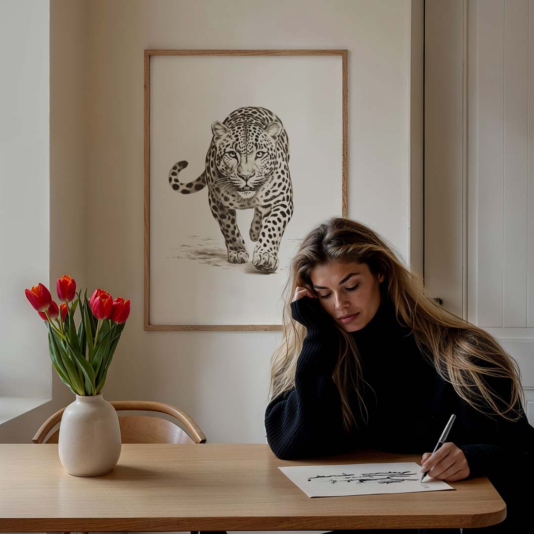 Elegante Luipaard Wandposter – staande muurposter met dierenthema