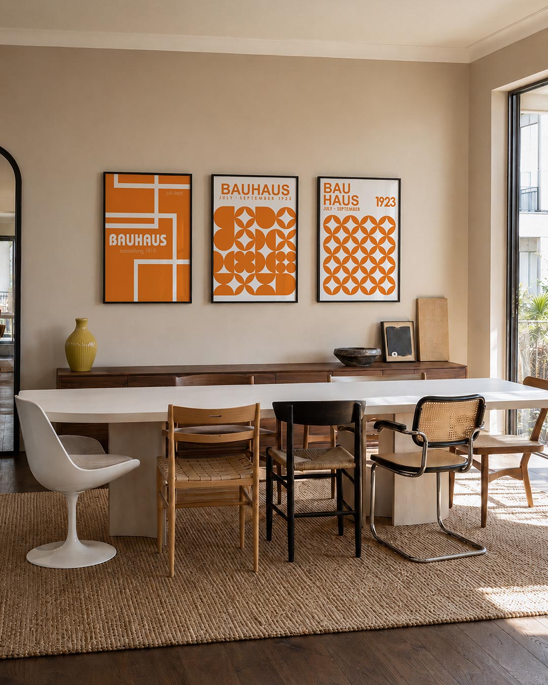 Lijnen en kleurvlakken posterset – tweede productweergave – deze posterset in drie delen speelt met oranje en wit. Rechte