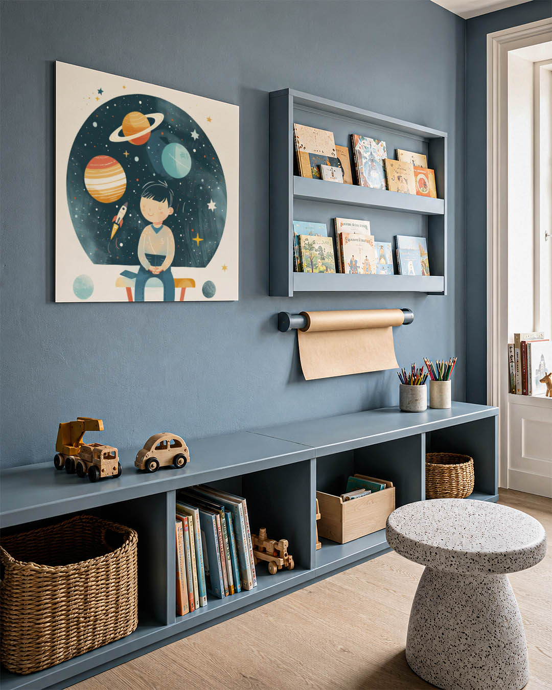 Dromerige ruimte illustratie kunstwerk – detailweergave – dit kunstwerk toont een kind dat dromerig naar de sterren kijkt