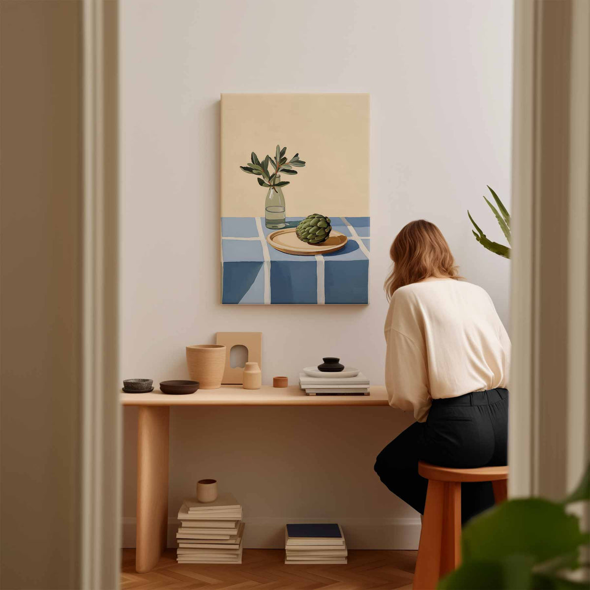 Stilleven met Artisjok en Fles – plexiglas wanddecoratie in portret formaat