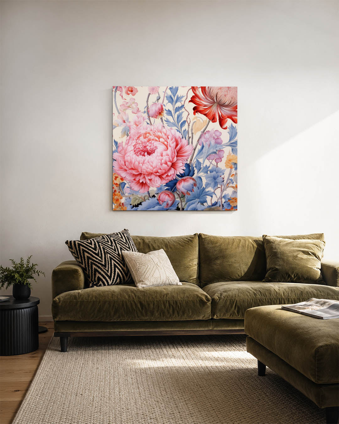 Bloemrijke fantasie kunstwerk – sfeerbeeld – dit kunstwerk toont een weelderige verzameling bloemen in levendige kleuren, met