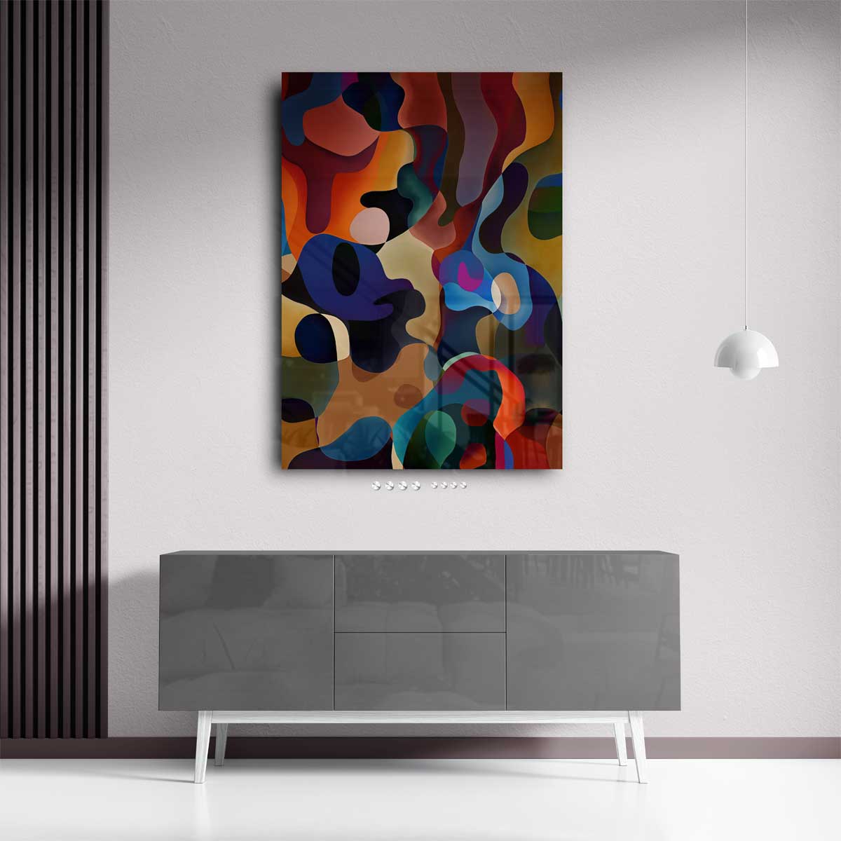 Kleurrijke Dans van Abstracte Vormen – kunstwerk met zwarte baklijst