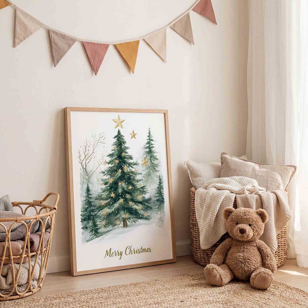 Kerstboom met sterren – speelse wandkunst als portret kinderposter