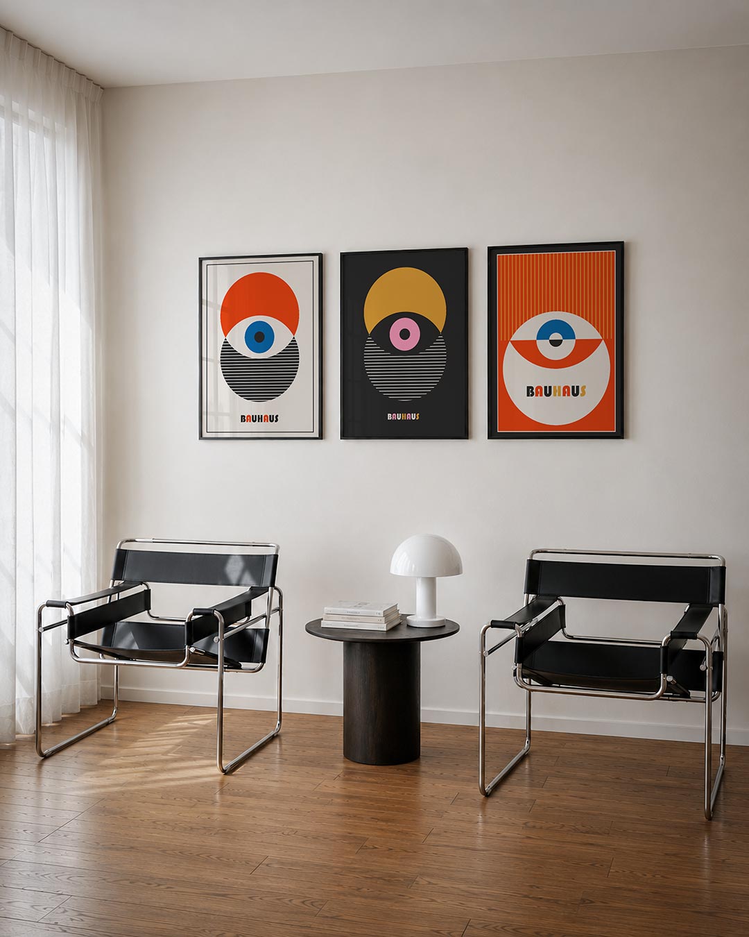 Cirkel en strepen driedelige posterset – deze posterset in drie delen toont een levendig spel van cirkels en lijnen. Heldere