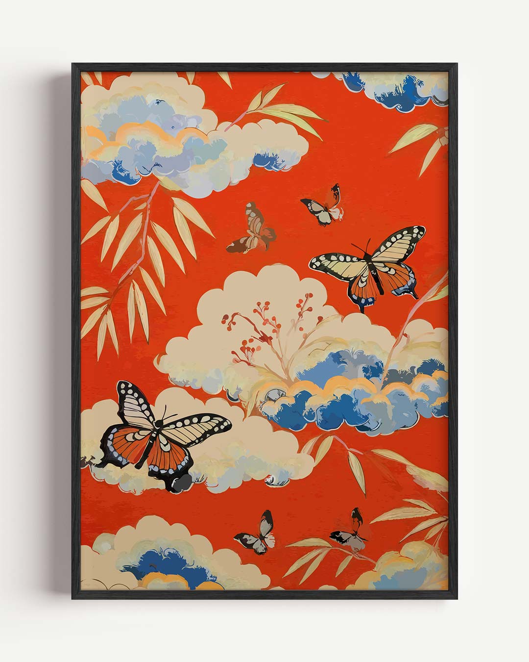 Vlinders en Wolken Op Rode – Popart en Streetart portret poster als wanddecoratie