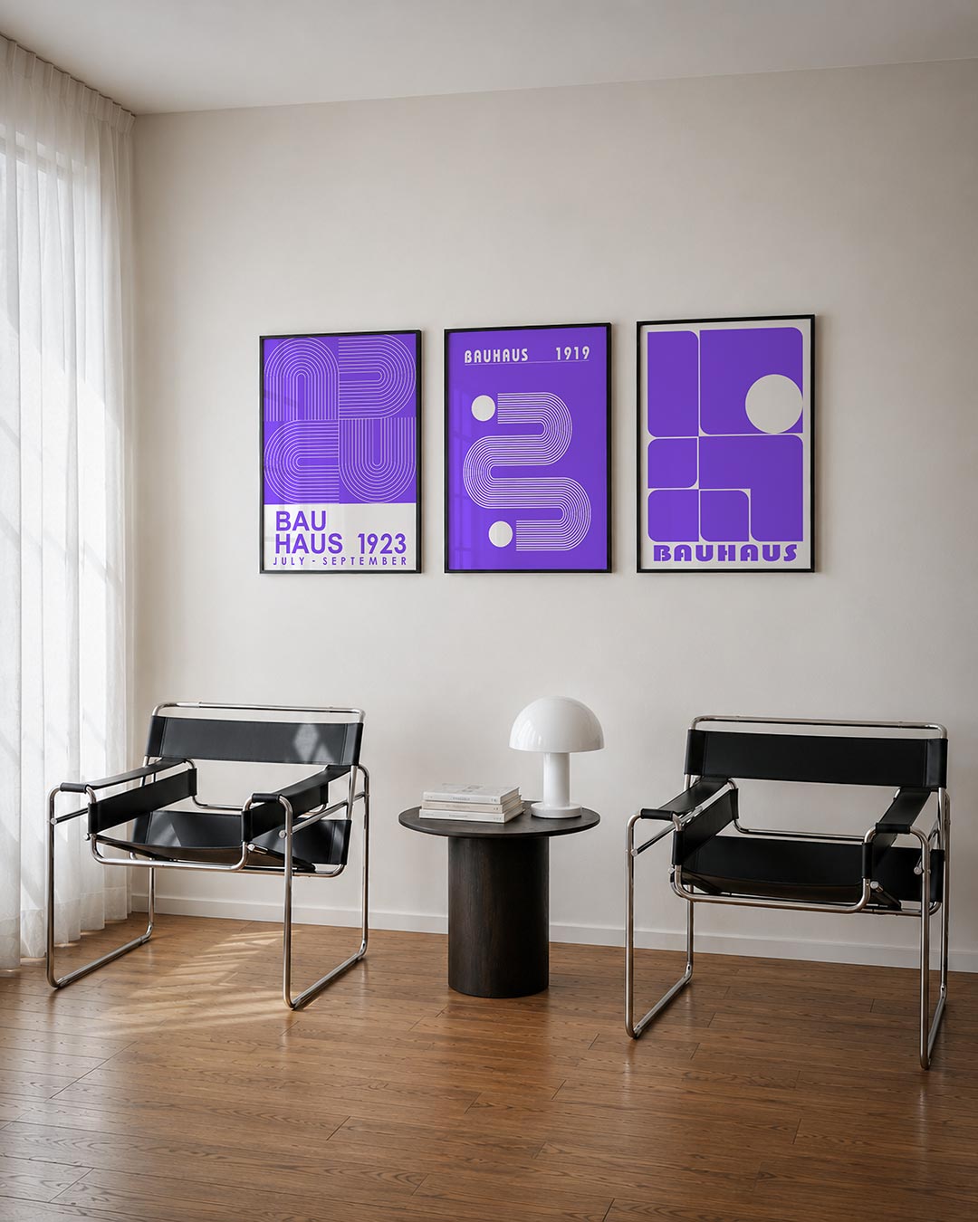 Lijnen en bogen posterset – derde productweergave – deze posterset in drie delen toont een spel van paarse en