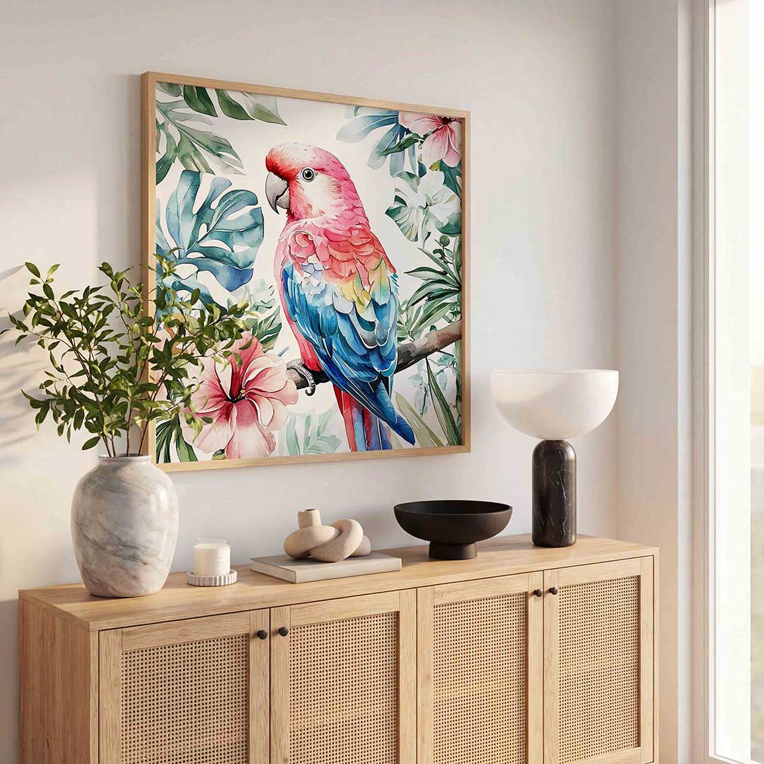 Papegaai en bloemen – dierenillustratie als vierkante poster
