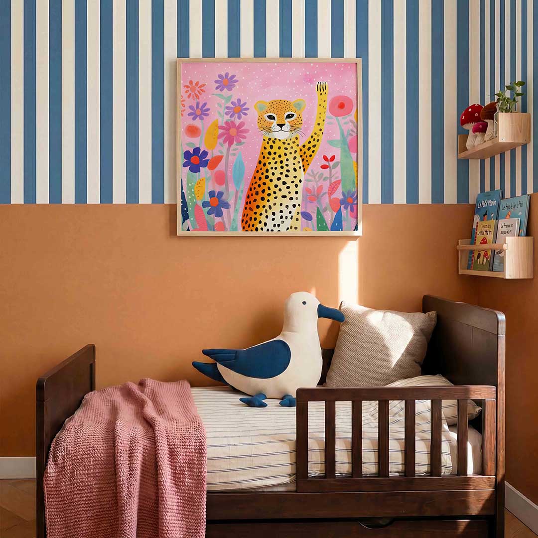 Luipaard en bloemen – kids poster in vierkant formaat