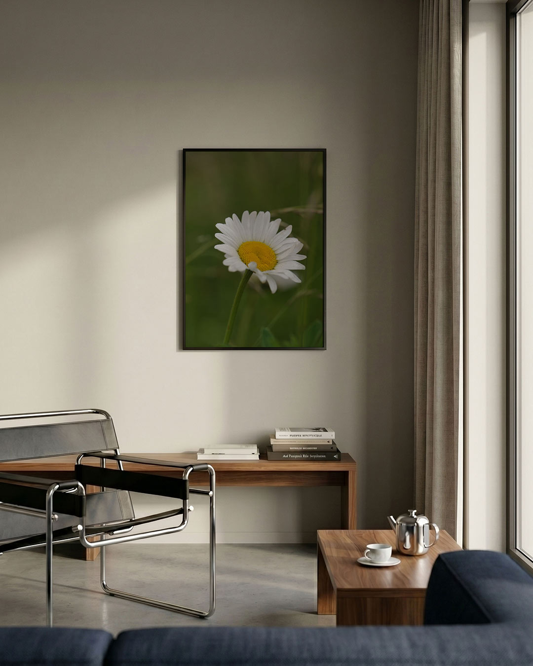 Bloem in natuur poster – detailweergave – een enkele bloem met witte bloemblaadjes en een geel hart, omgeven door een groene