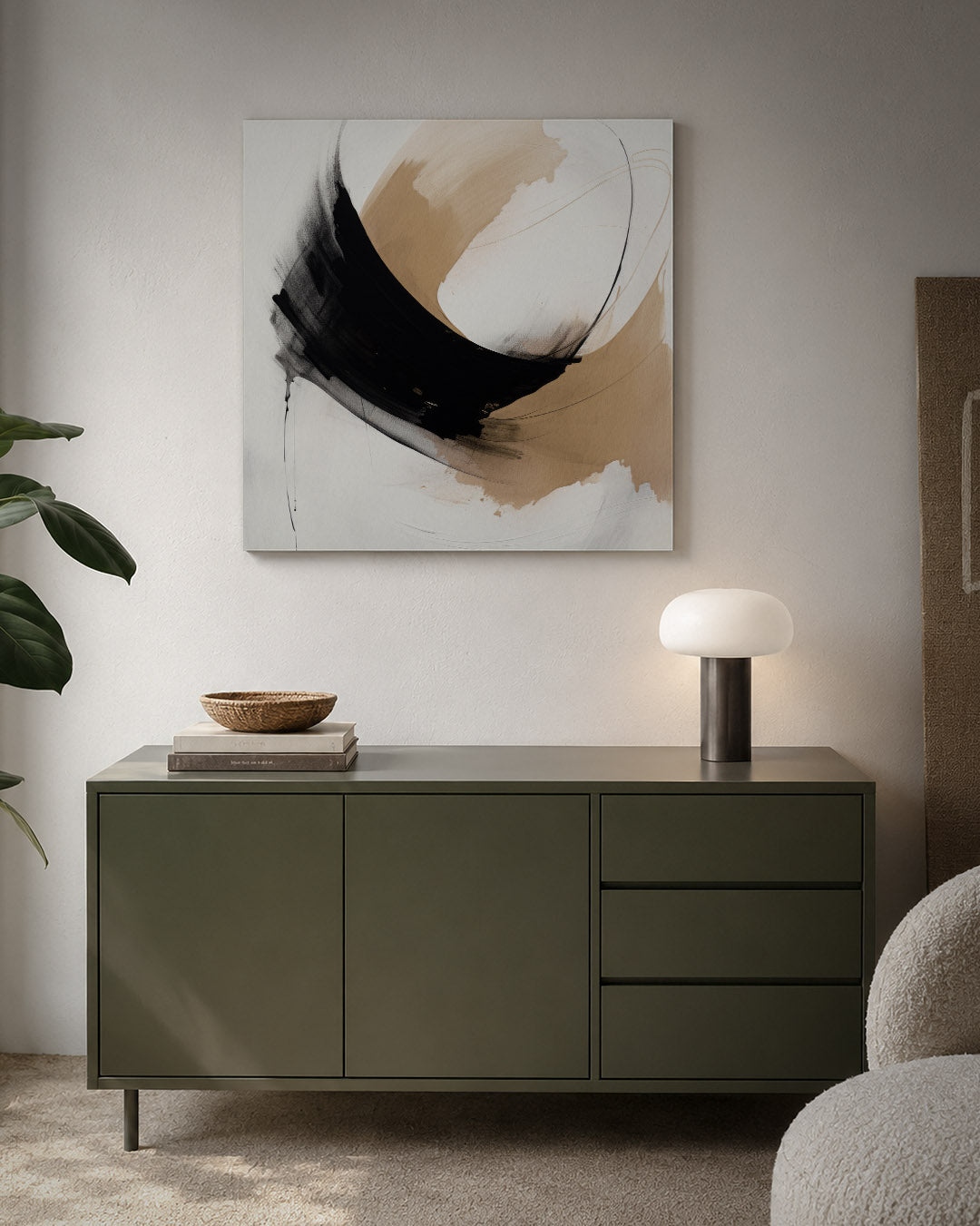 Dynamische kleurvlakken kunstwerk – detailweergave – dit werk toont vloeiende lijnen en contrasterende kleurvlakken in zwart