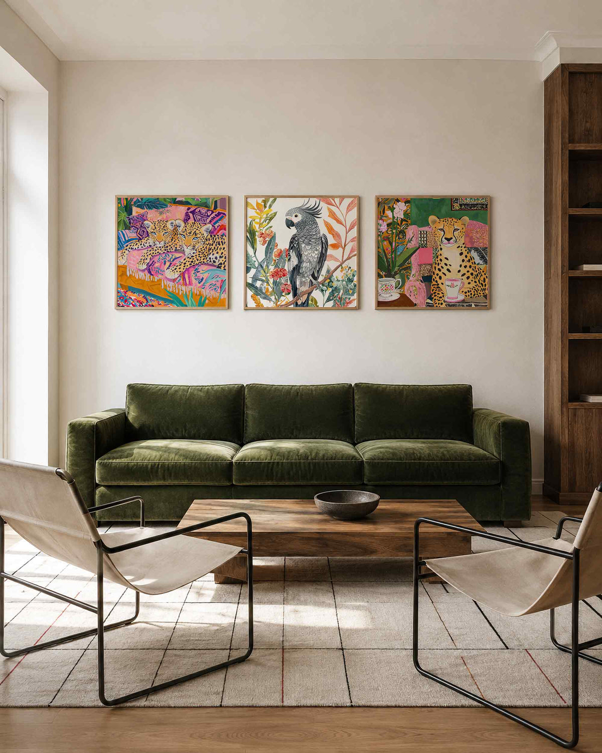 Interieurpresentatie van een driedelige vierkante posterset met luipaarden en papegaai