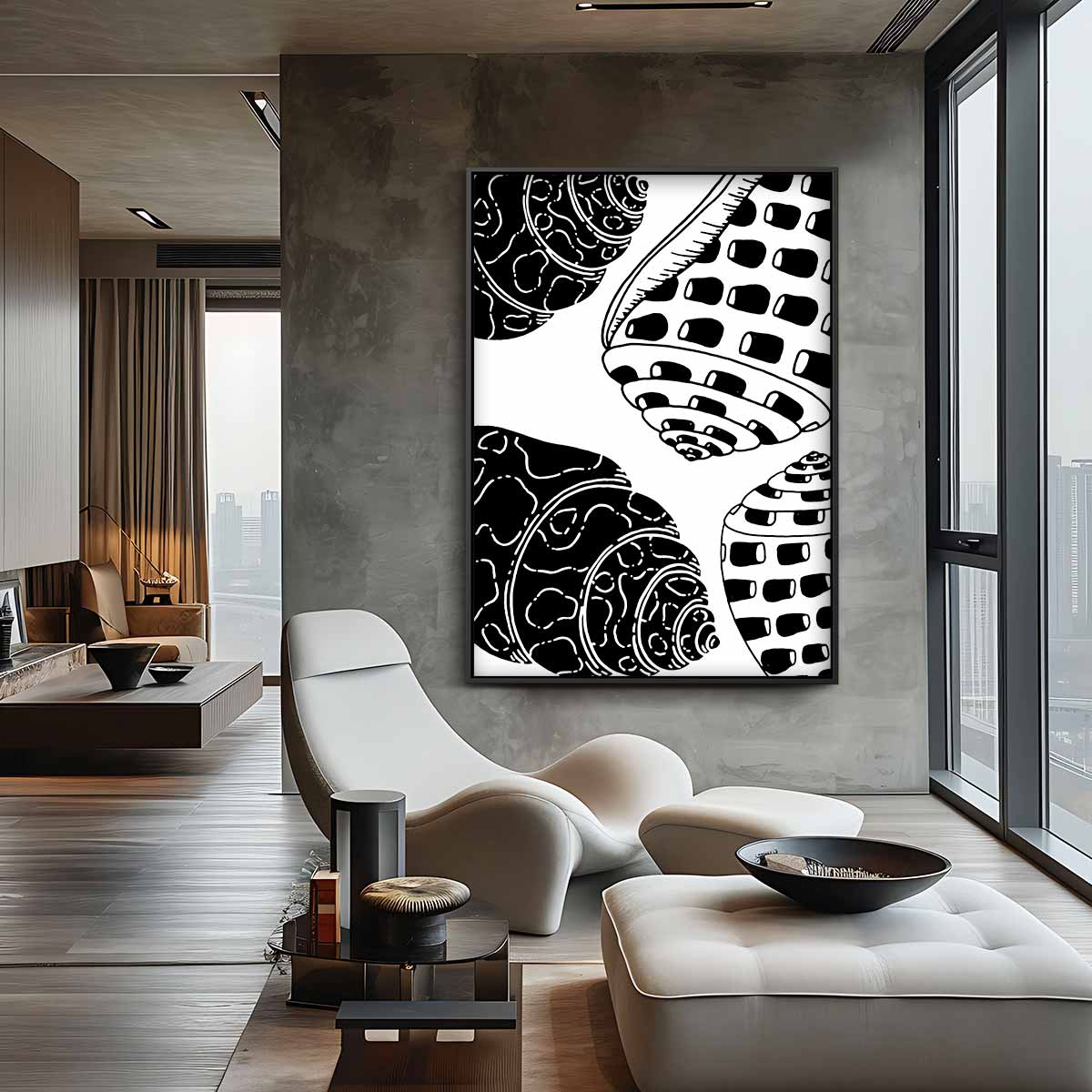 Schelpenpatroon in Zwart-Wit – canvas wanddecoratie in portret formaat