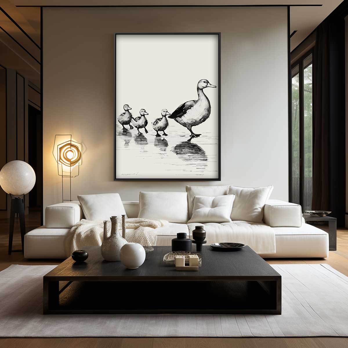 Moeder Eend en Kuikens Wandeling – canvas wanddecoratie in portret formaat