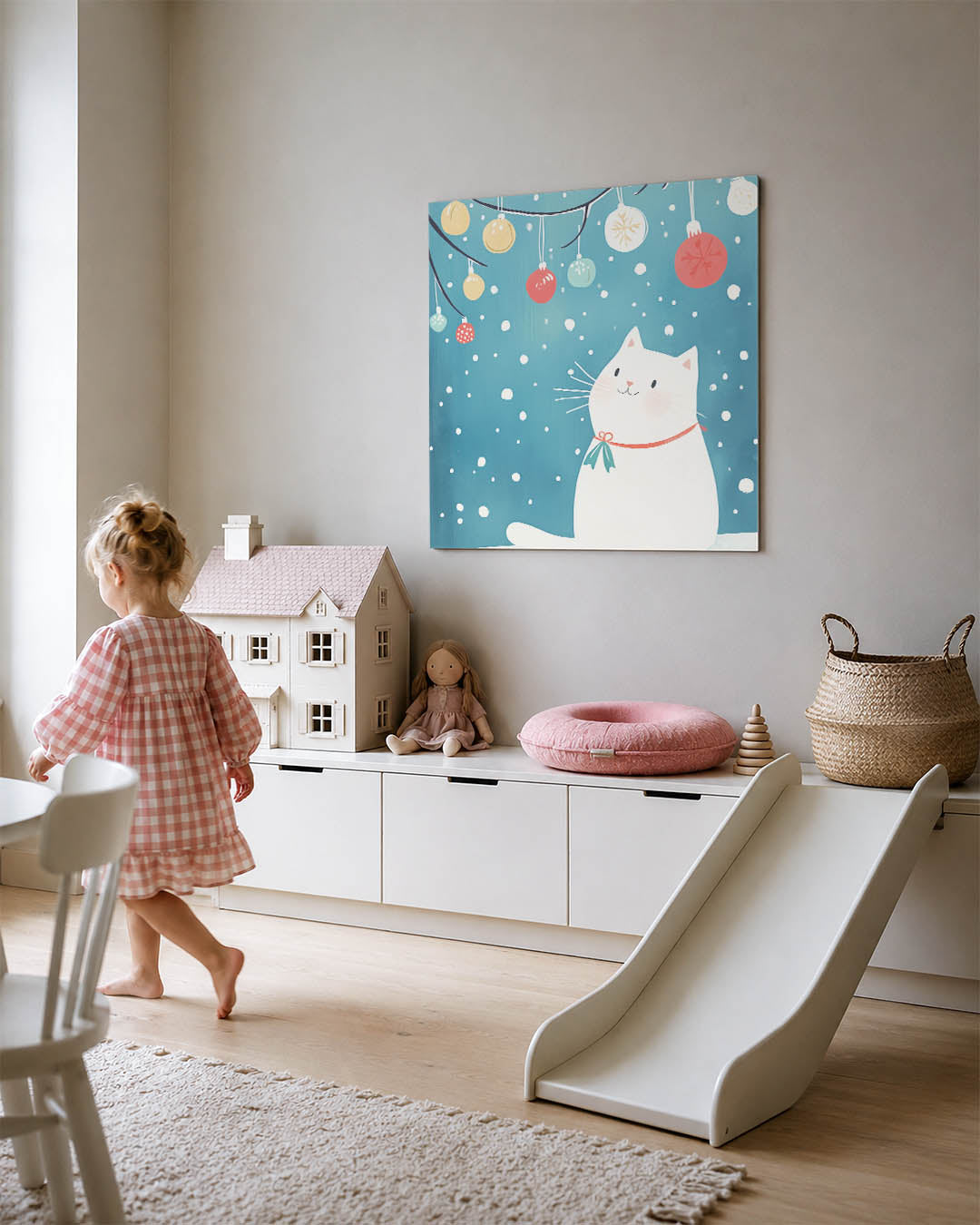 Speelse kat en sneeuwvlokken kunstwerk – tweede productweergave – dit werk toont een witte kat onder kleurrijke kerstballen