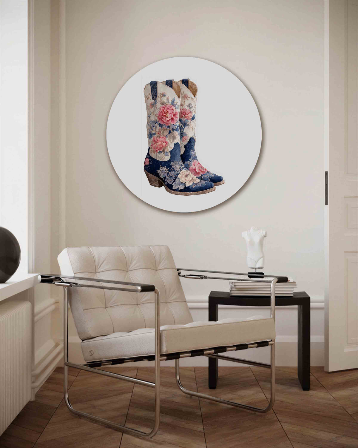 Bloemenlaarzen – Pop Art muurcirkel als ronde wanddecoratie