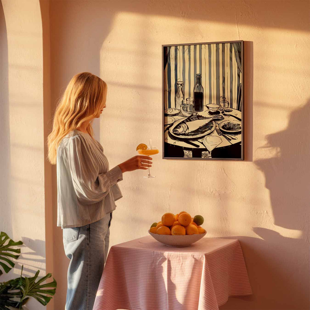Elegante Tafelscène in Blauwtinten – keuken poster als sfeervolle staande wanddecoratie